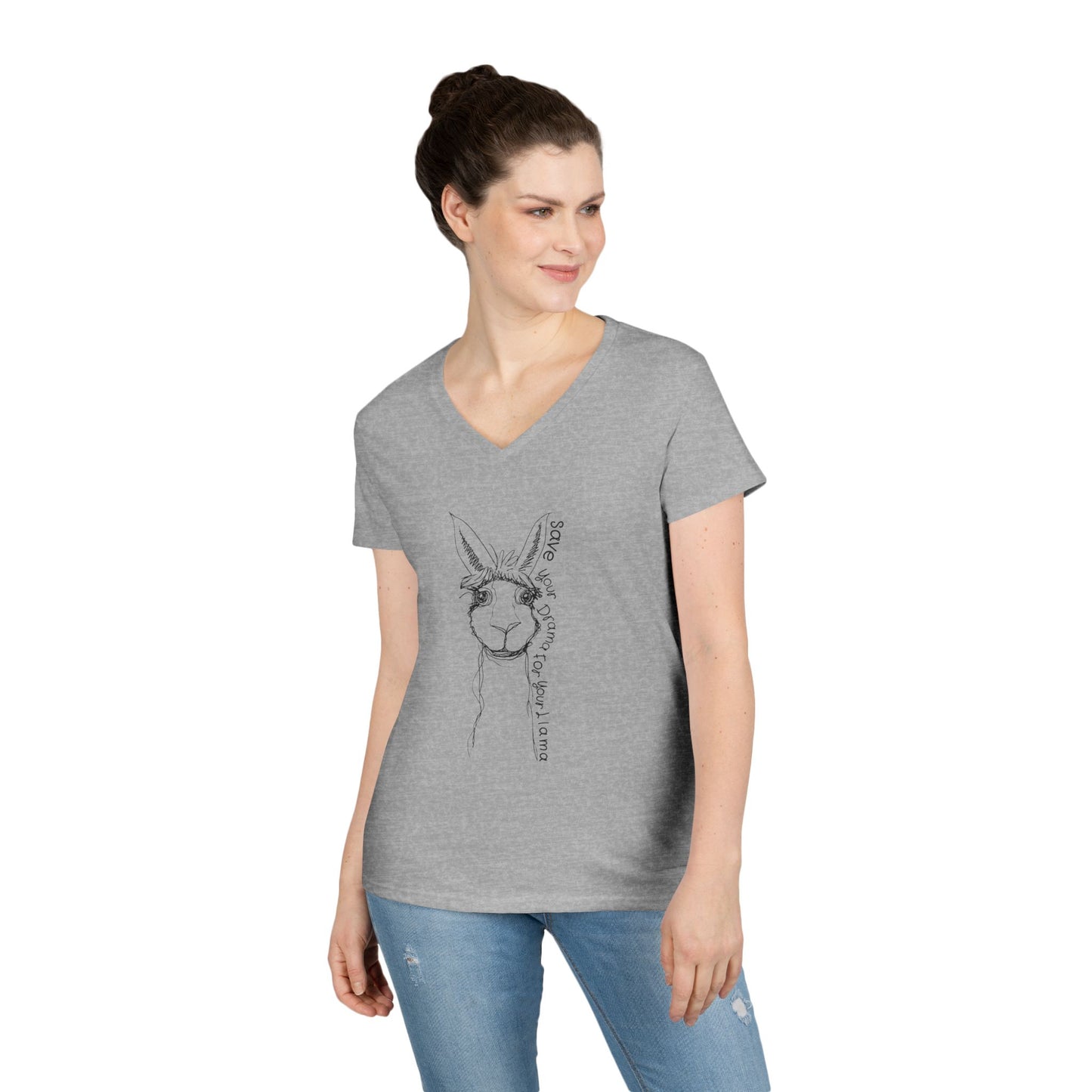 Llama Love V-Neck T-Shirt, Funny Animal Graphic Tee, Casual Outing Top, Gift for Animal Lovers, Unique Birthday Present, Cute Summer Apparel