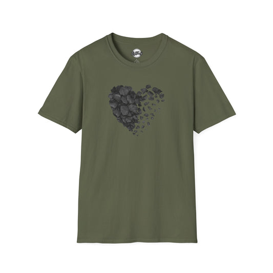 Black Heart Petals Tee — Monochrome Broken Heart Floral T-Shirt