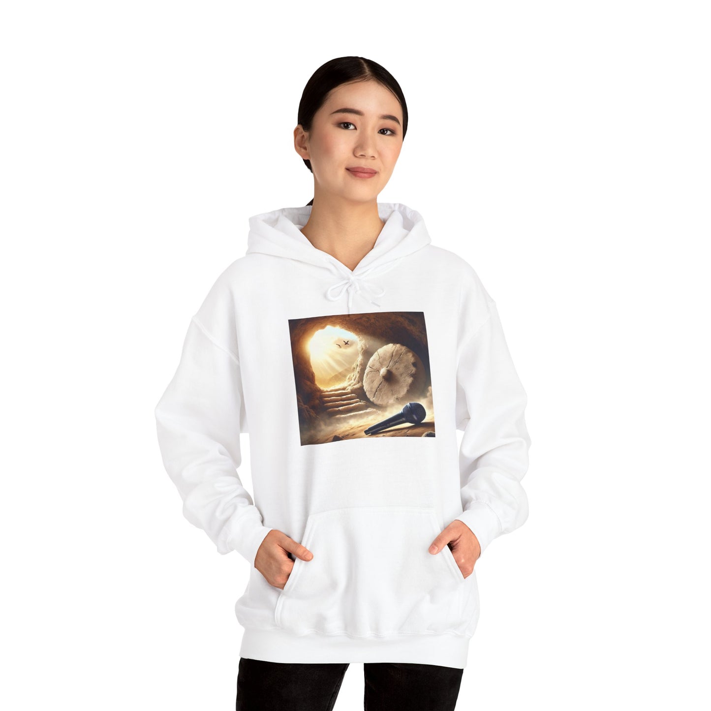 Hooded Sweatshirt Mic Drop in Jesus Tomb Design