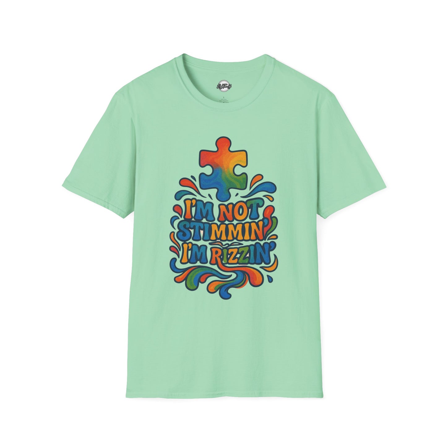 Colorful Puzzle Design T-Shirt - "I'm Not Stimming, I'm Rizzin'"