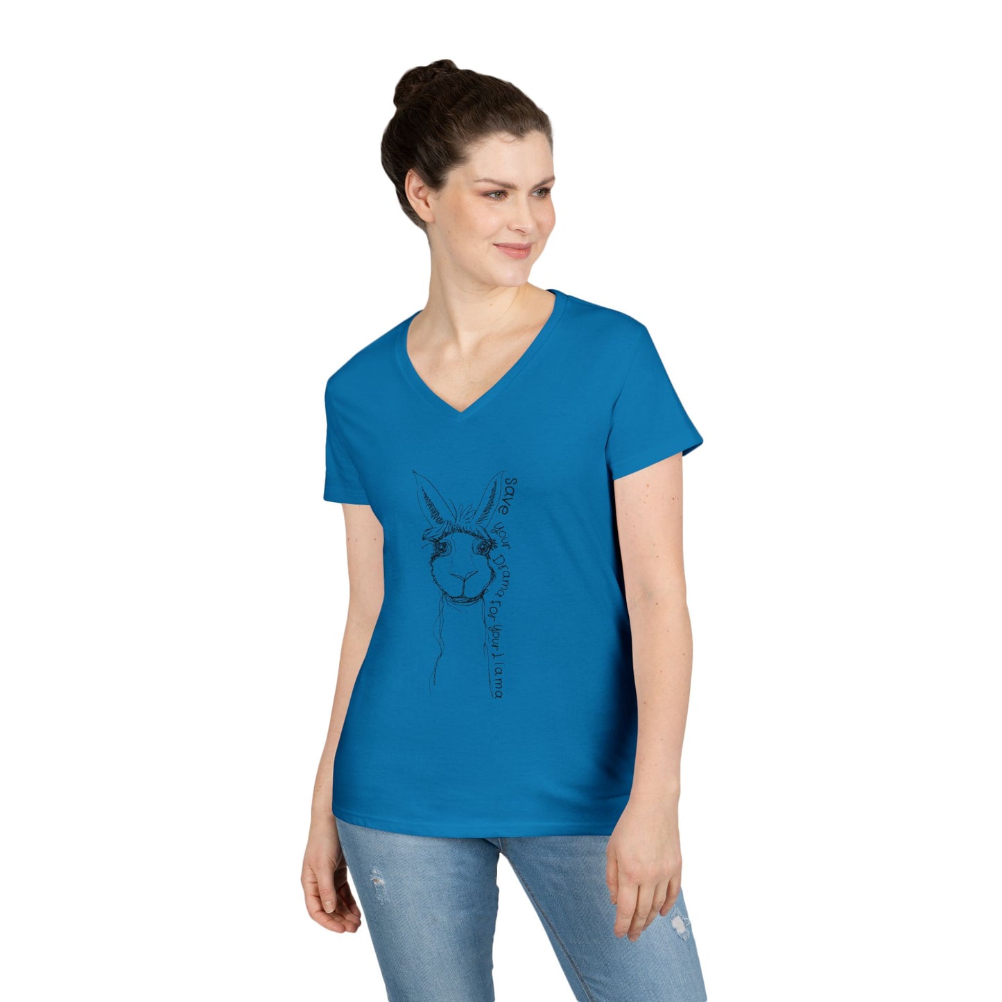 Llama Love V-Neck T-Shirt, Funny Animal Graphic Tee, Casual Outing Top, Gift for Animal Lovers, Unique Birthday Present, Cute Summer Apparel