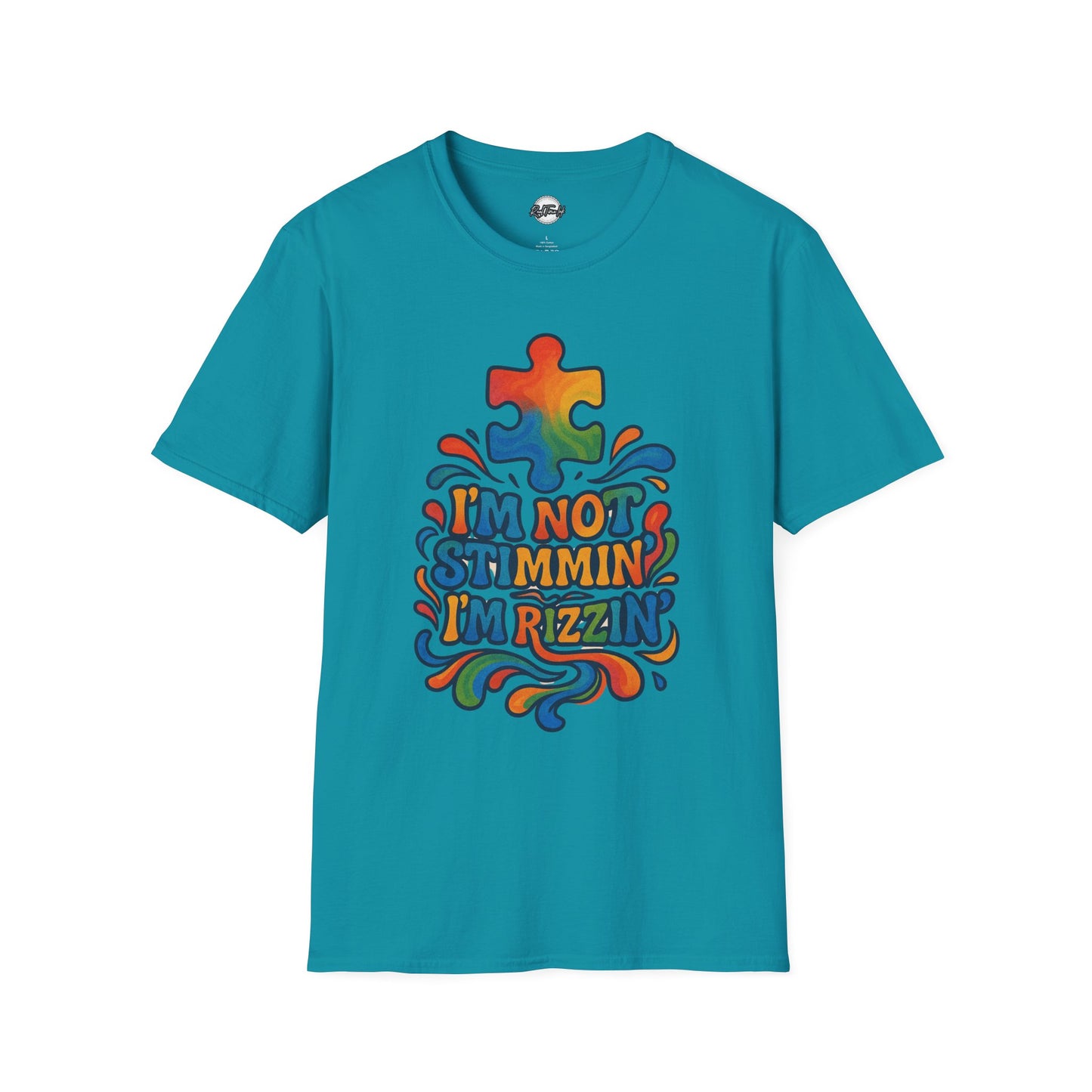 Colorful Puzzle Design T-Shirt - "I'm Not Stimming, I'm Rizzin'"