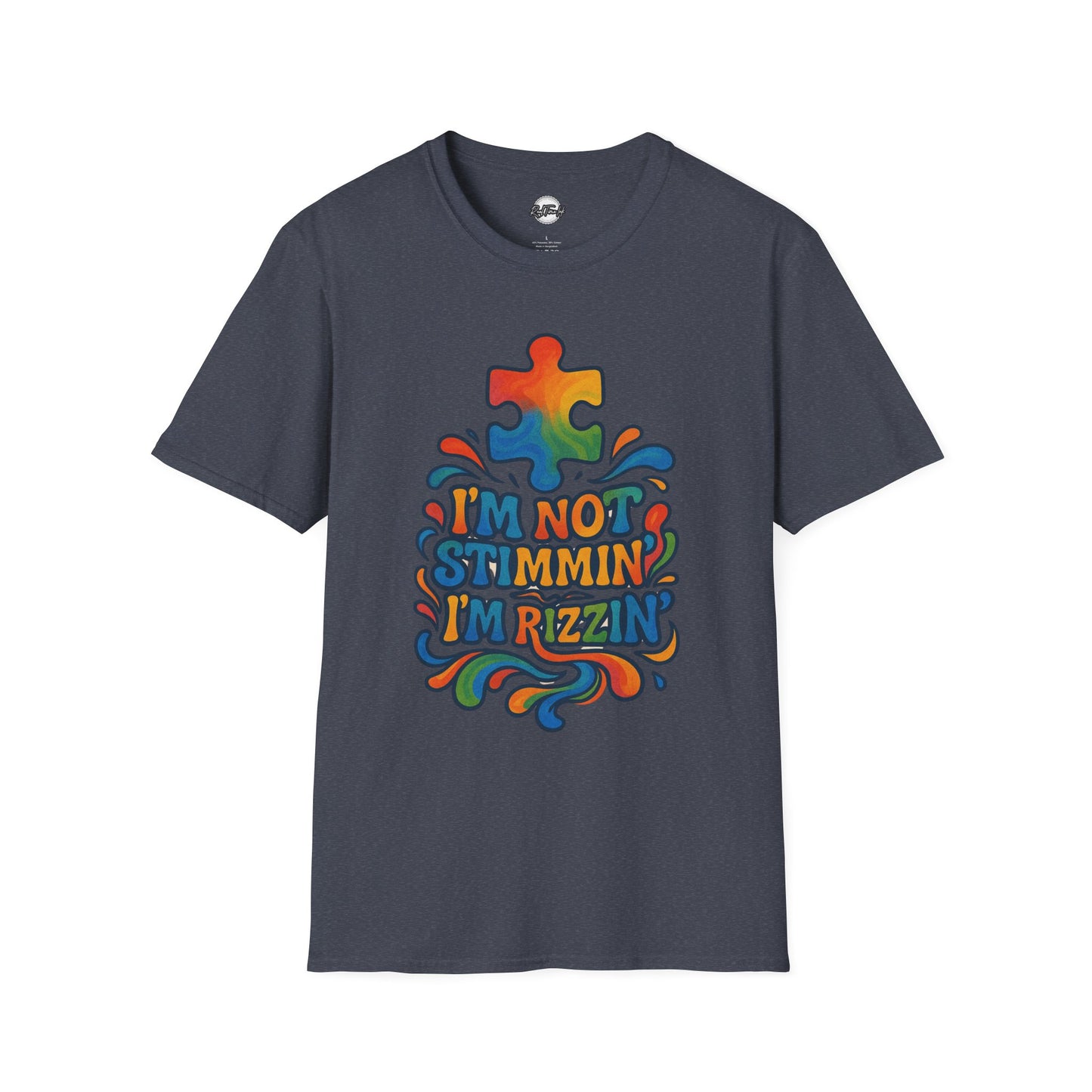 Colorful Puzzle Design T-Shirt - "I'm Not Stimming, I'm Rizzin'"