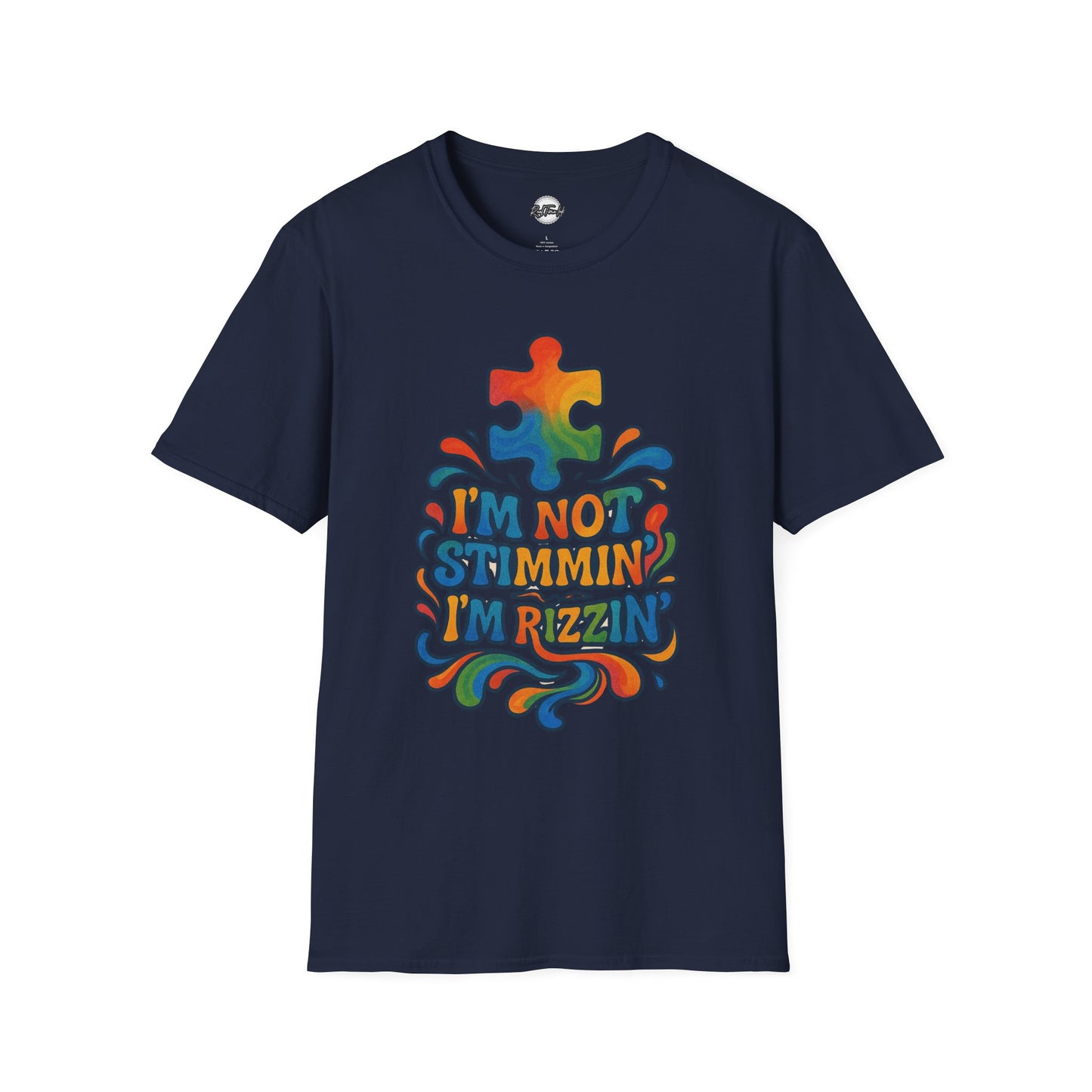 Colorful Puzzle Design T-Shirt - "I'm Not Stimming, I'm Rizzin'"