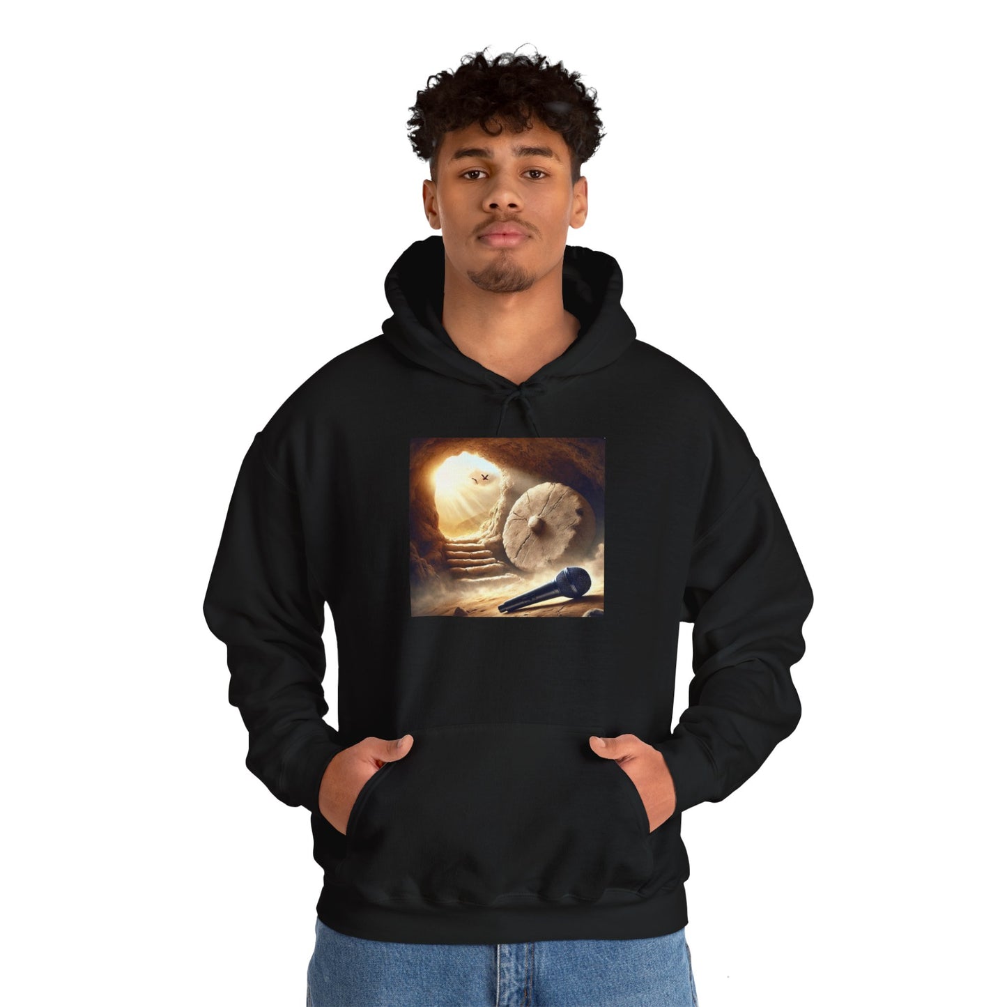 Hooded Sweatshirt Mic Drop in Jesus Tomb Design