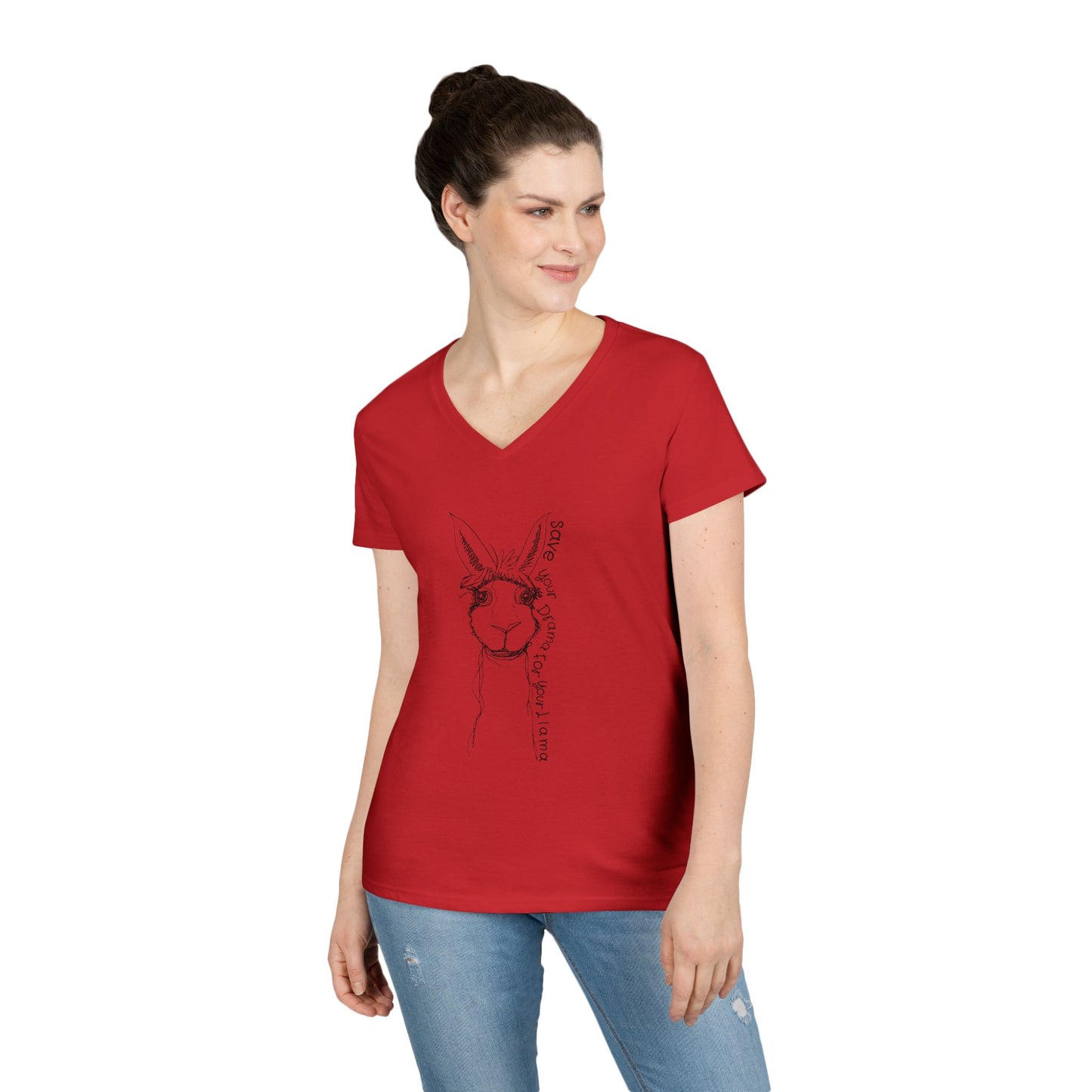 Llama Love V-Neck T-Shirt, Funny Animal Graphic Tee, Casual Outing Top, Gift for Animal Lovers, Unique Birthday Present, Cute Summer Apparel