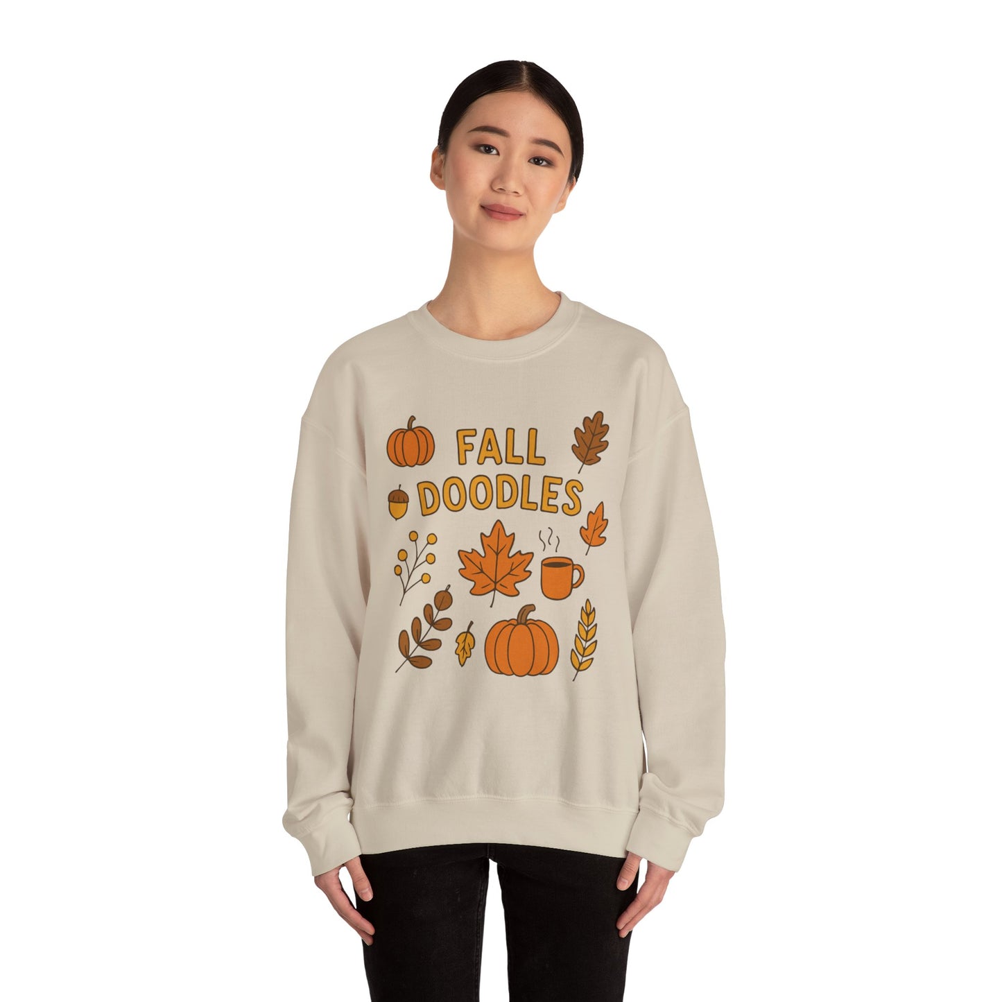 Cozy Fall Doodles Crewneck Sweatshirt, Pumpkin Sweatshirt, Autumn Apparel, Thanksgiving Gift, Warm Sweater for Relaxing