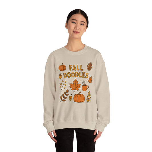 Cozy Fall Doodles Crewneck Sweatshirt, Pumpkin Sweatshirt, Autumn Apparel, Thanksgiving Gift, Warm Sweater for Relaxing