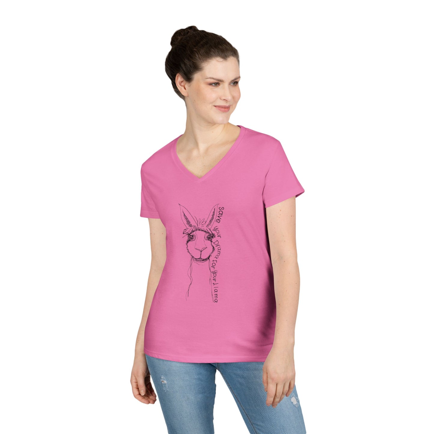 Llama Love V-Neck T-Shirt, Funny Animal Graphic Tee, Casual Outing Top, Gift for Animal Lovers, Unique Birthday Present, Cute Summer Apparel