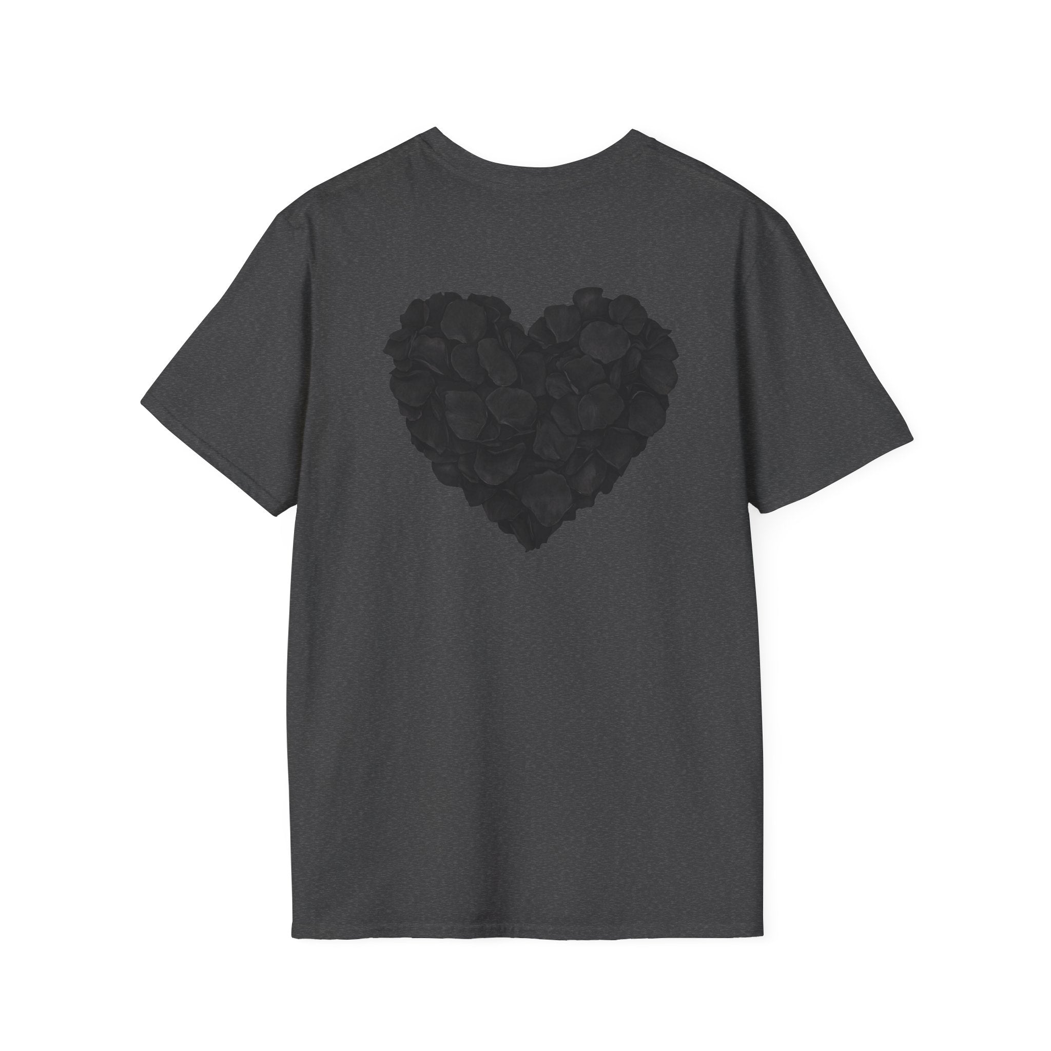 Black Rose Petal Heart T-Shirt — Minimal Floral Heart Tee for Valentine's & Everyday