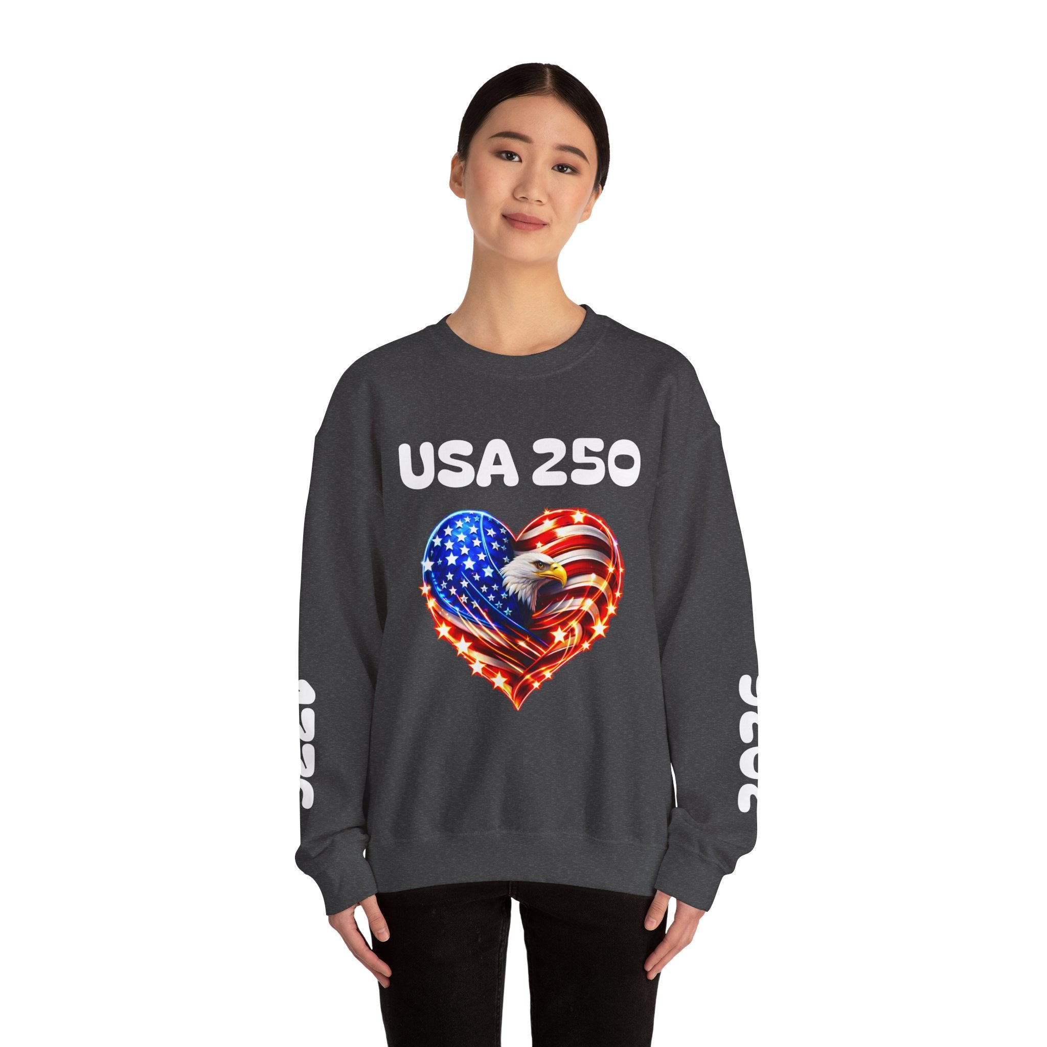 USA 250 Patriotic Crewneck Sweatshirt — American Flag Heart & Eagle Design