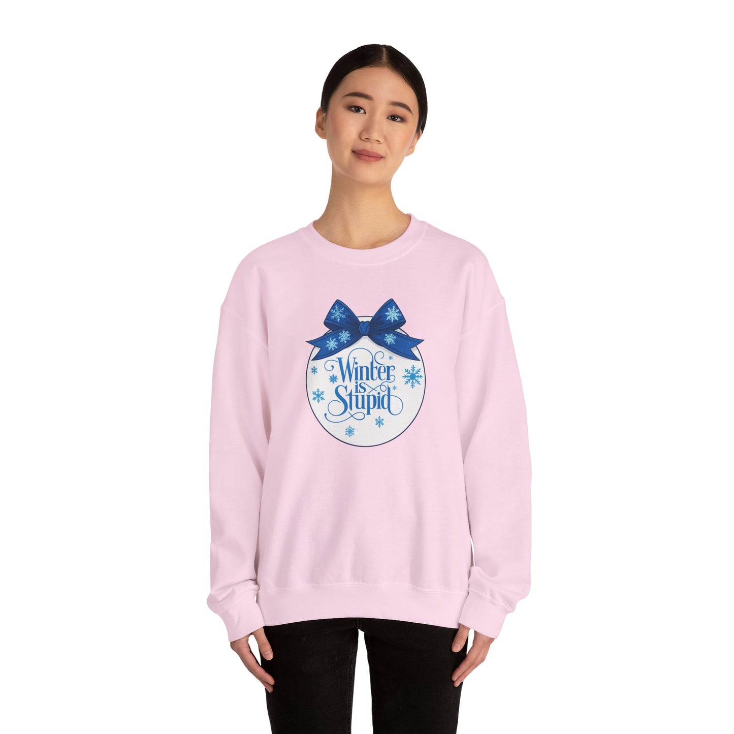 Winter Is Stupid Sweatshirt — Funny Holiday Crewneck with Blue Snowflake Ornament