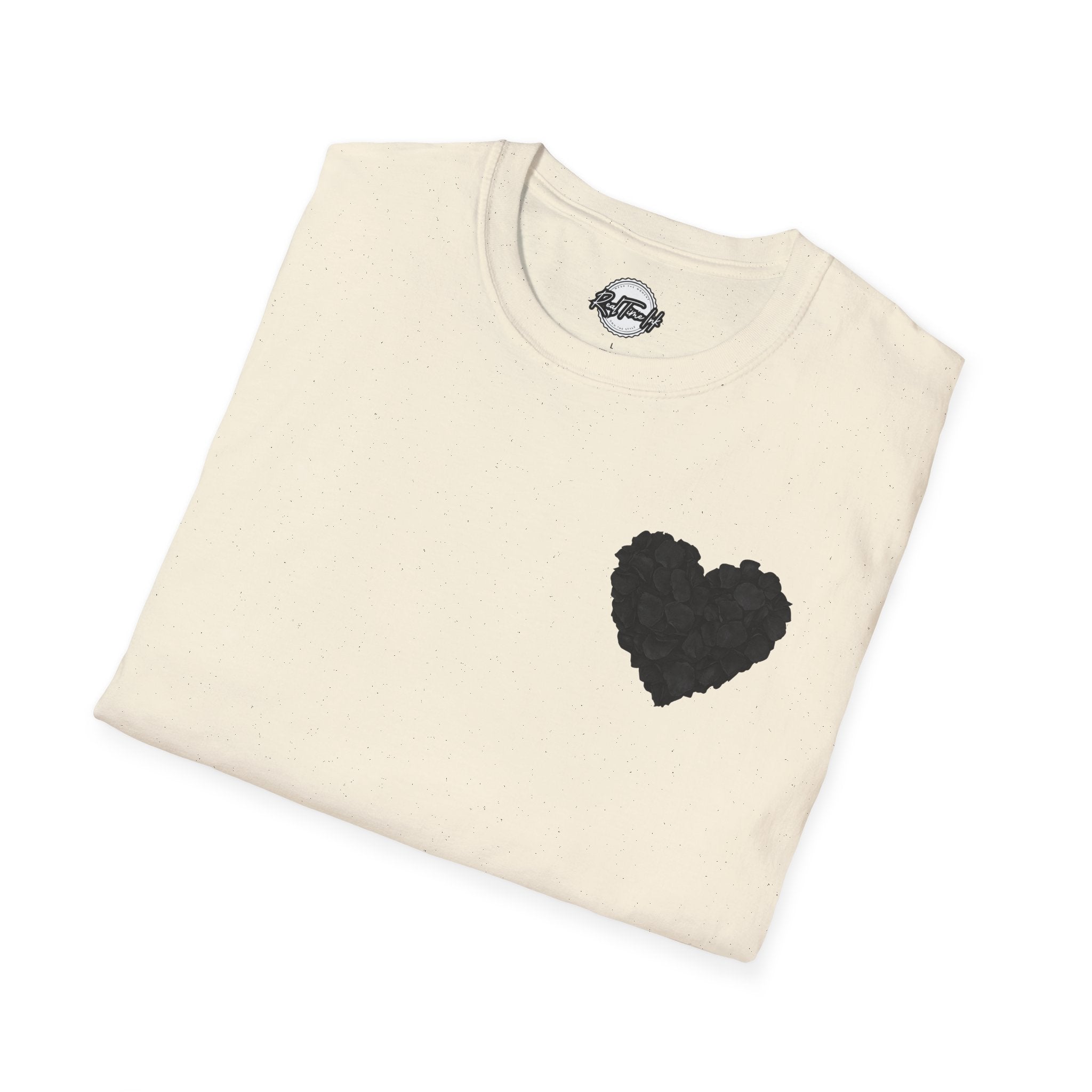 Black Rose Petal Heart T-Shirt — Minimal Floral Heart Tee for Valentine's & Everyday