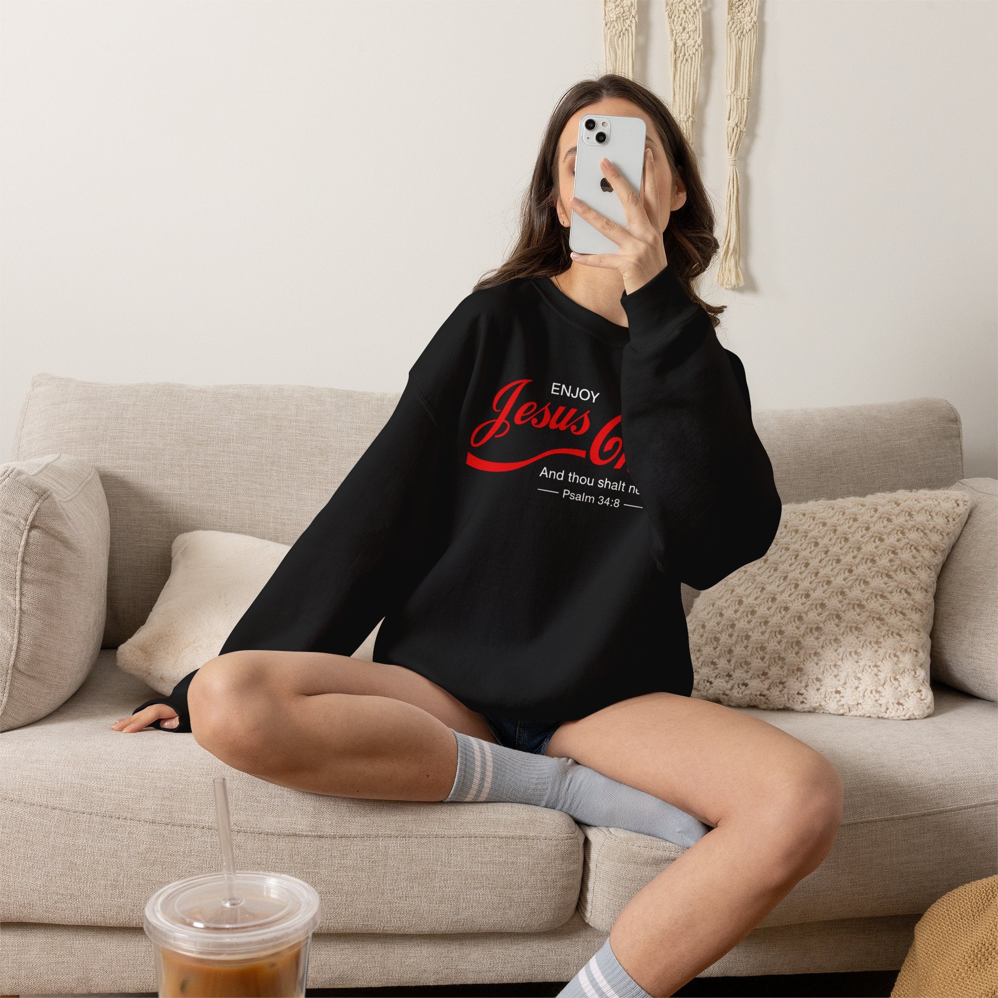 Enjoy Jesus Christ Crewneck Sweatshirt — Inspirational Christian Faith Sweatshirt (Psalm 34:8)