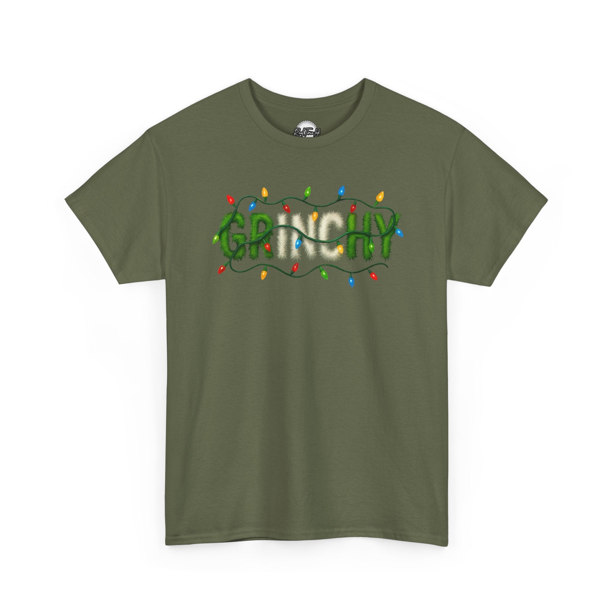 Grinchy Christmas Tee — 'Grinchy' Text with Holiday Lights