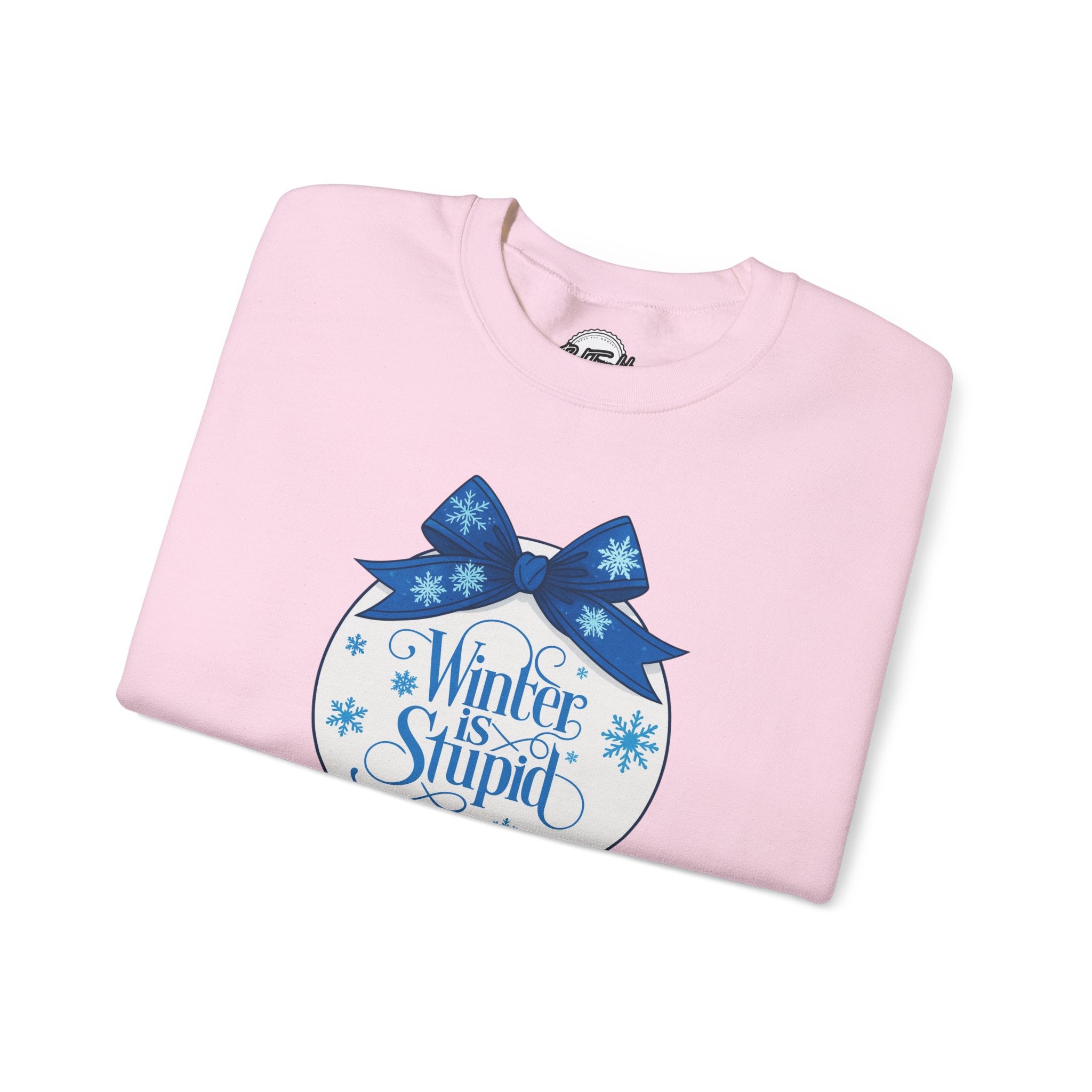 Winter Is Stupid Sweatshirt — Funny Holiday Crewneck with Blue Snowflake Ornament