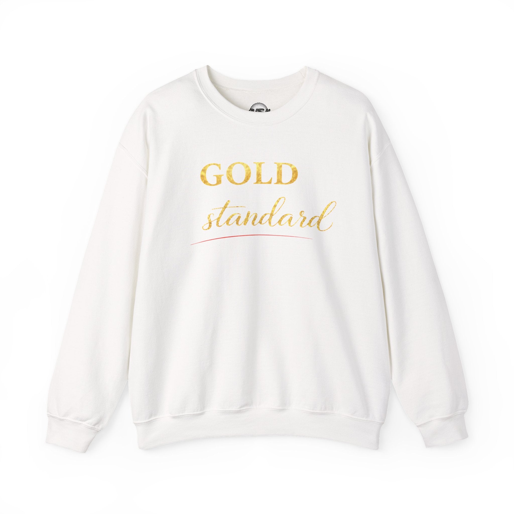 Gold Standard Crewneck Sweatshirt — White Cozy Pullover with Gold Script