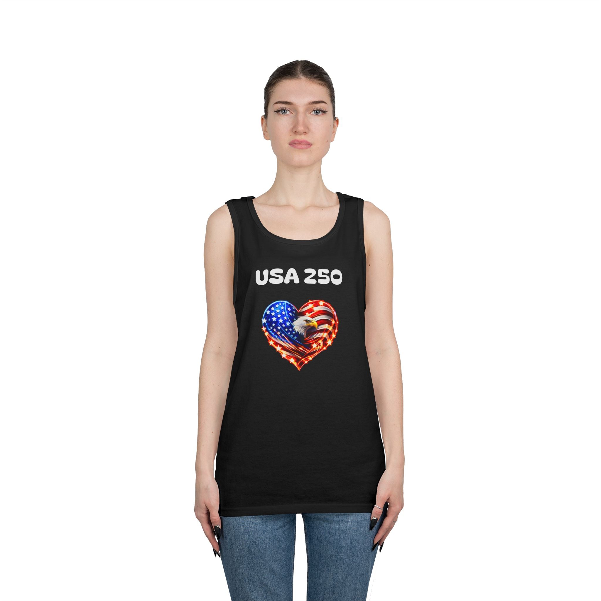 USA 250 Heart Tank Top — Patriotic American Flag Sleeveless Shirt