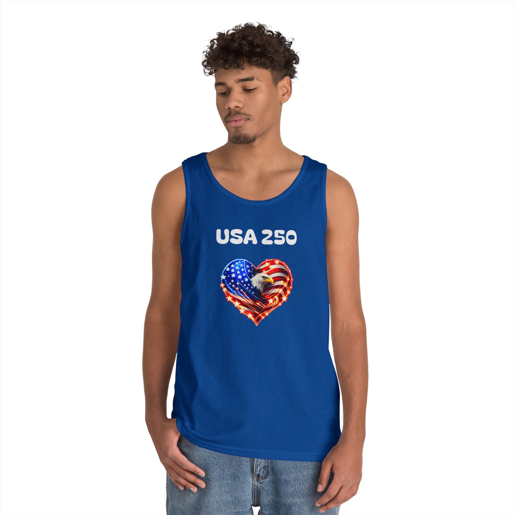 USA 250 Heart Tank Top — Patriotic American Flag Sleeveless Shirt