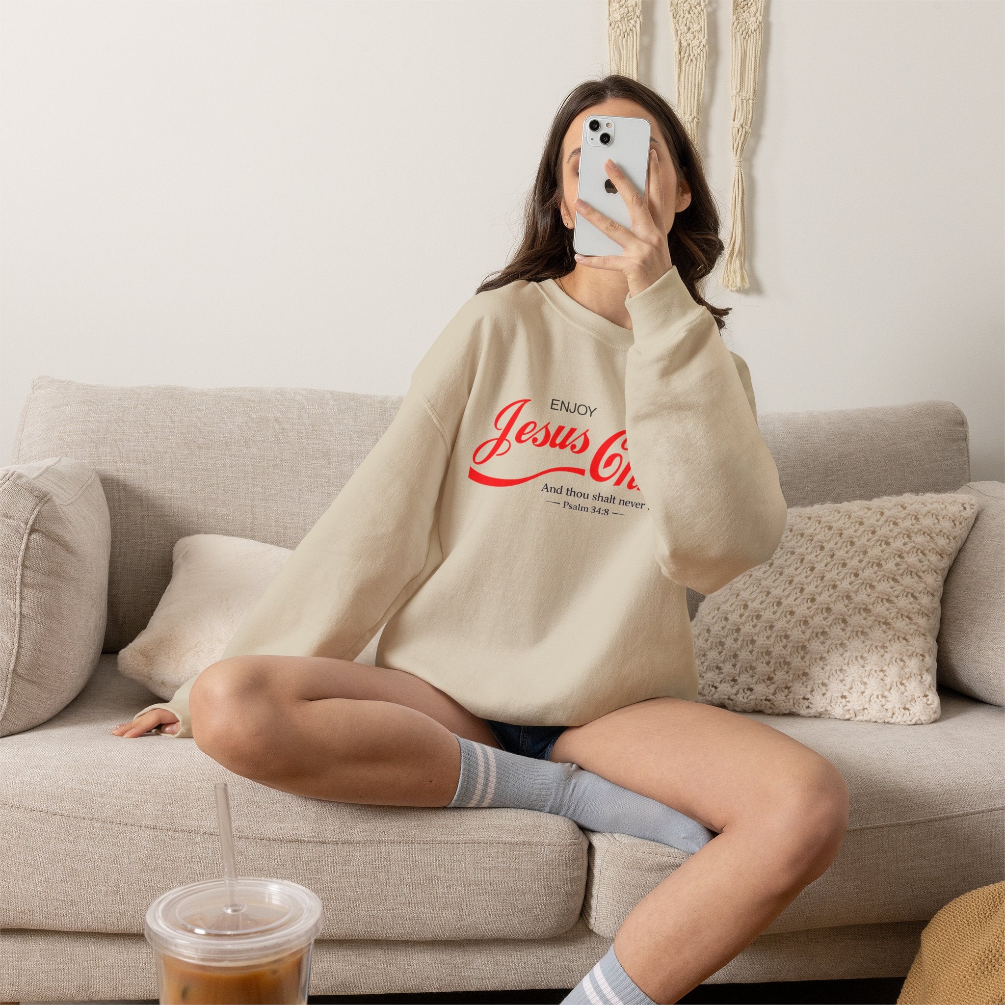 Enjoy Jesus Christ Crewneck Sweatshirt — Inspirational Christian Faith Sweatshirt (Psalm 34:8)