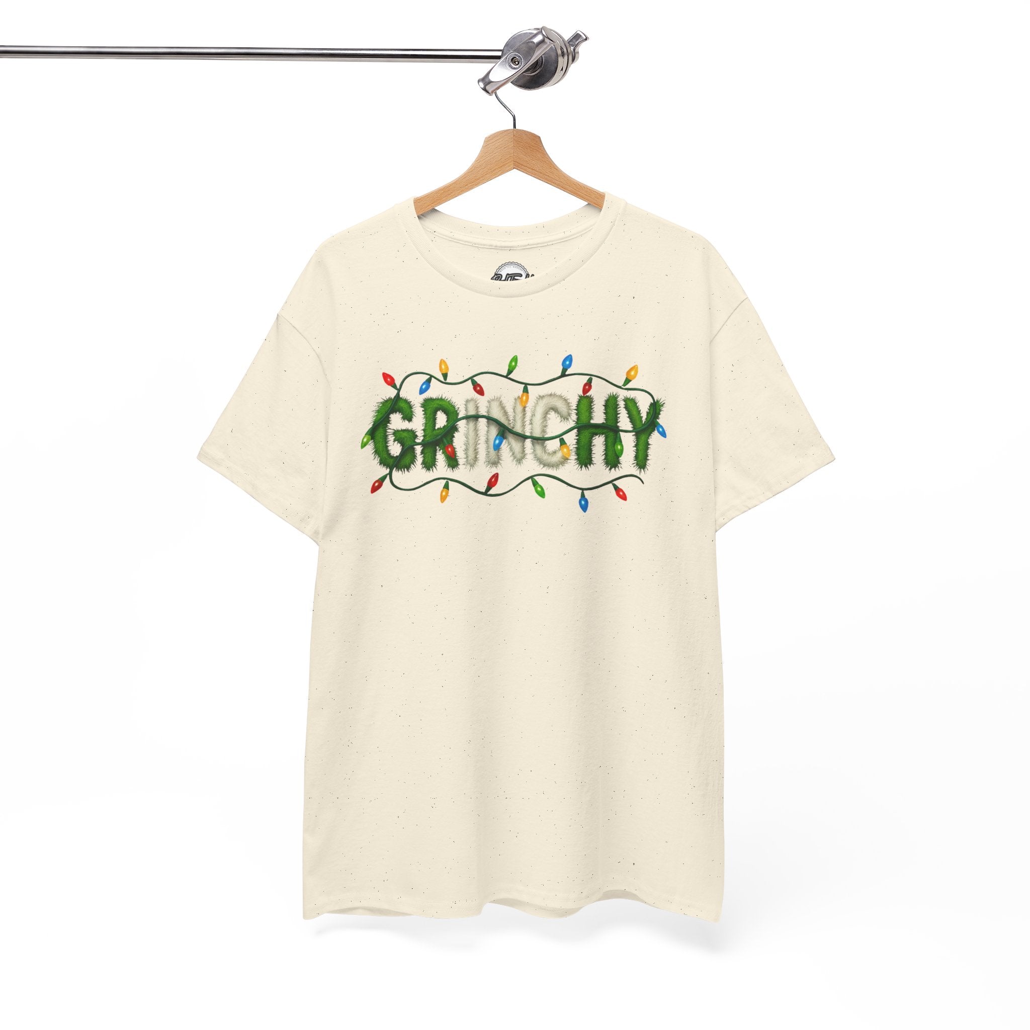 Grinchy Christmas Tee — 'Grinchy' Text with Holiday Lights