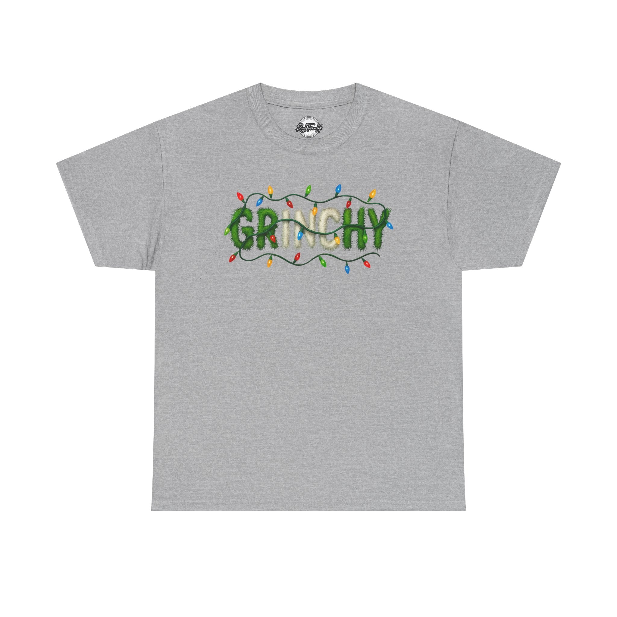 Grinchy Christmas Tee — 'Grinchy' Text with Holiday Lights