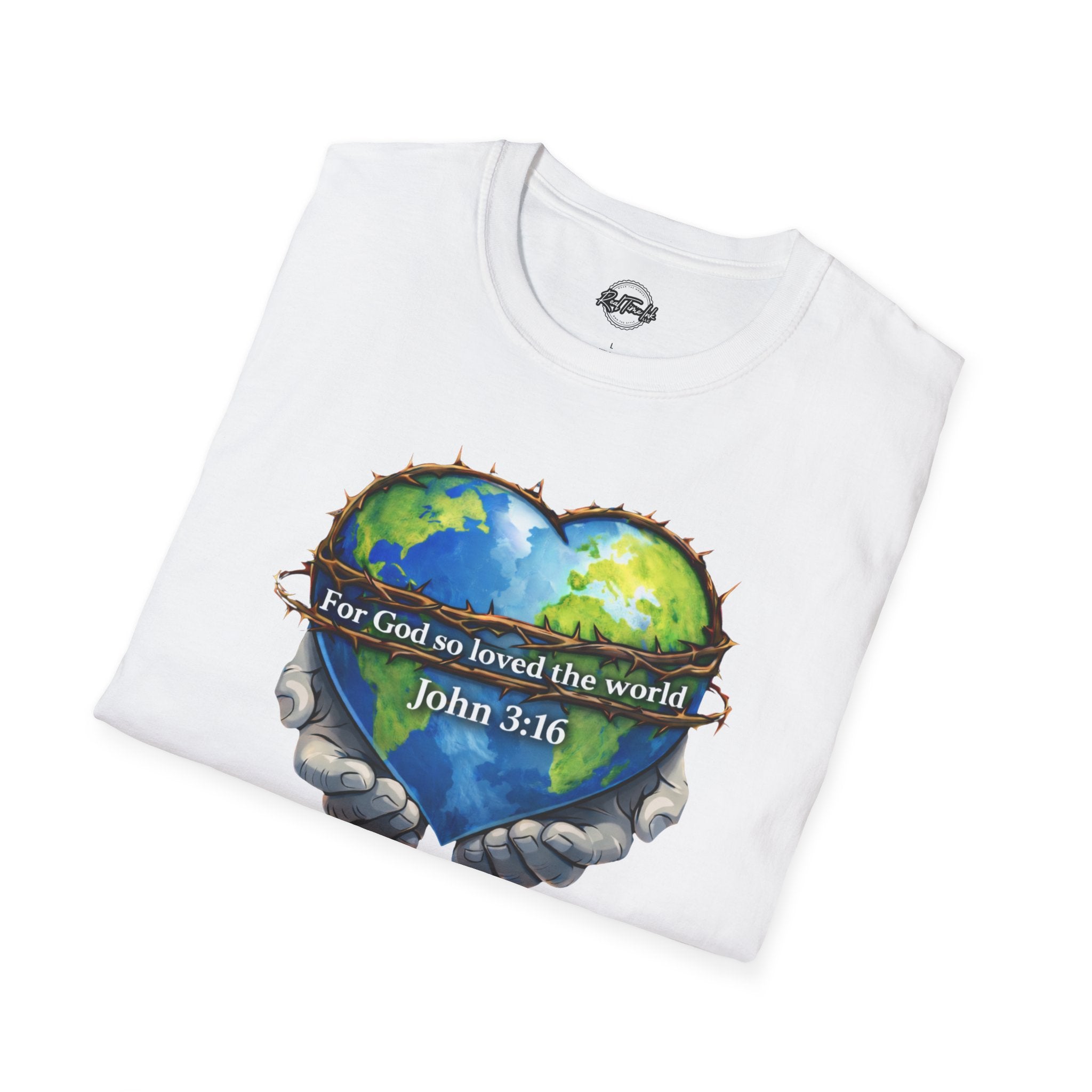 John 3:16 Heart Globe Christian T-Shirt — "For God so loved the world" Faith Tee