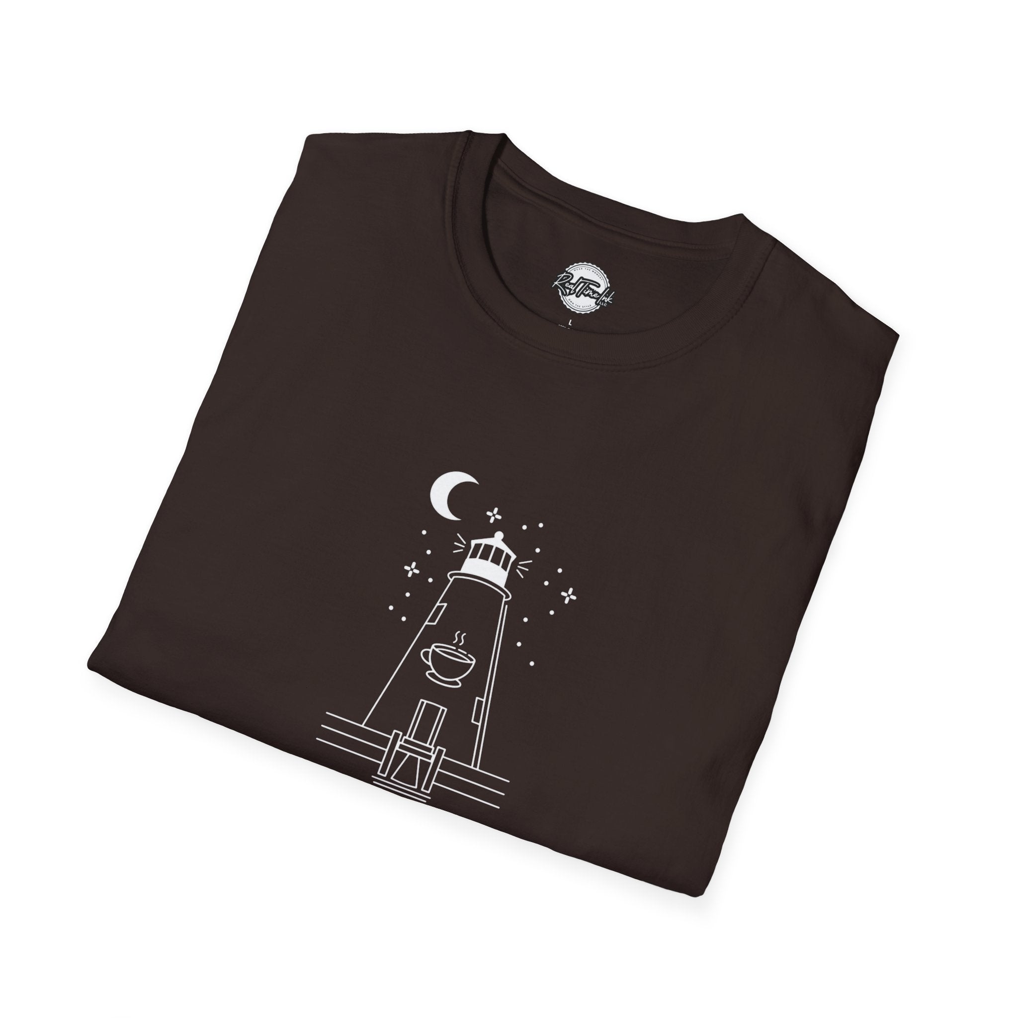 Concord Point Coffee T-Shirt — Minimalist Lighthouse Night Scene Graphic Tee