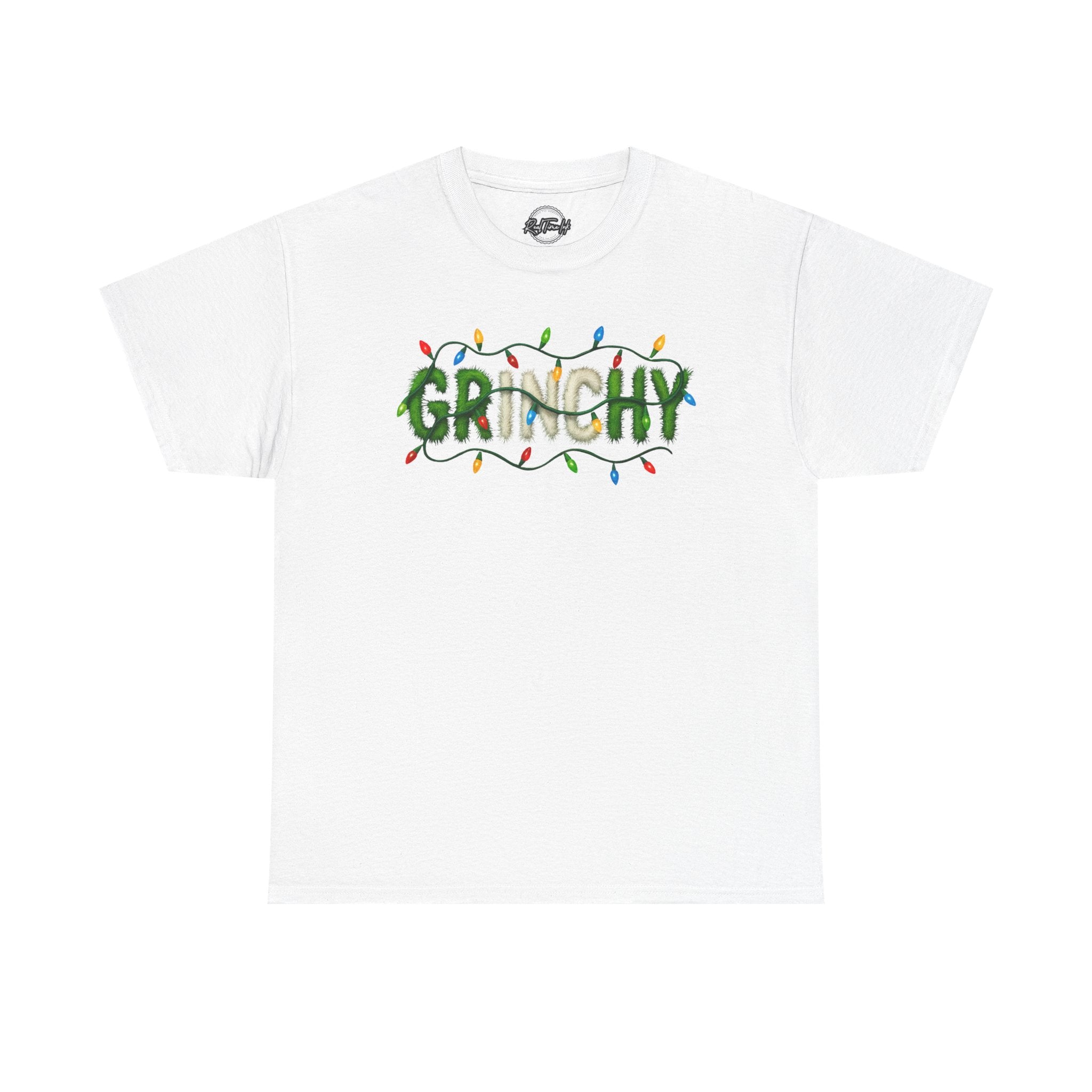 Grinchy Christmas Tee — 'Grinchy' Text with Holiday Lights