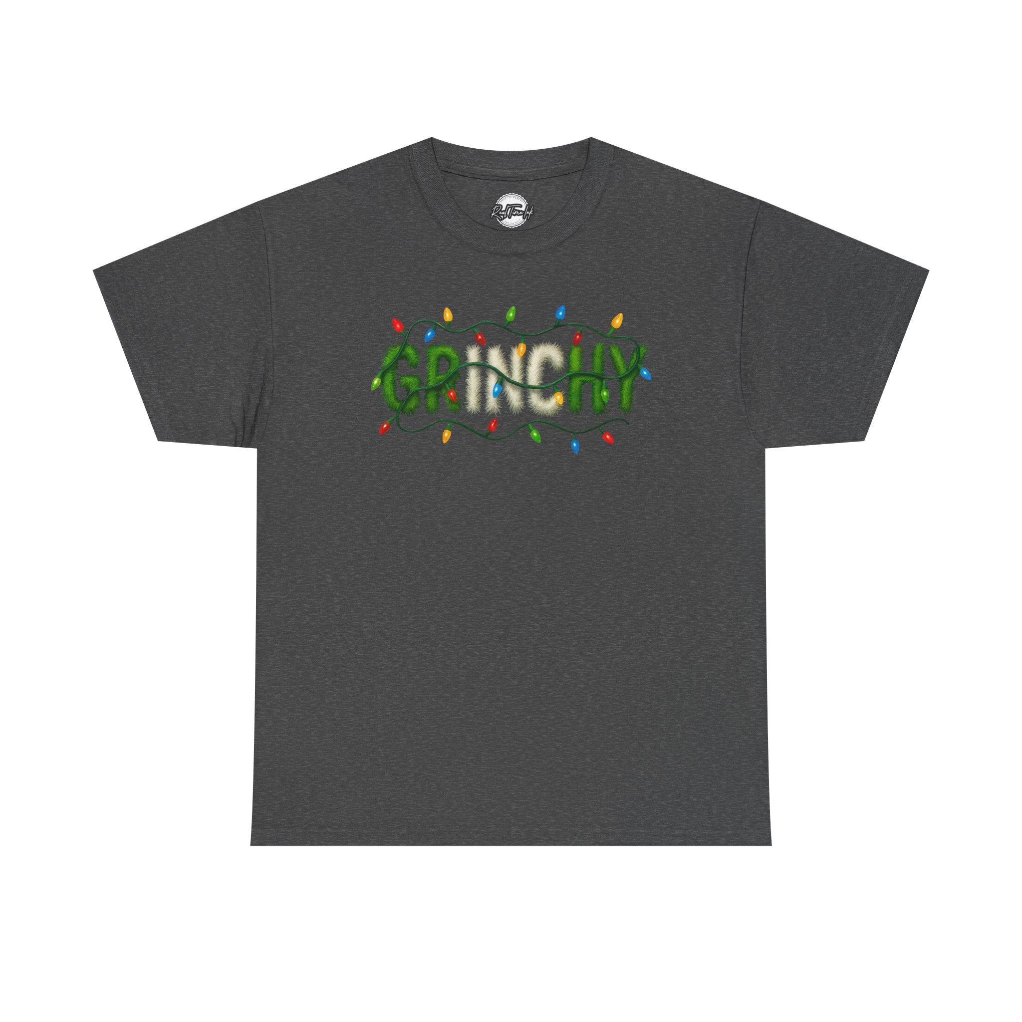 Grinchy Christmas Tee — 'Grinchy' Text with Holiday Lights