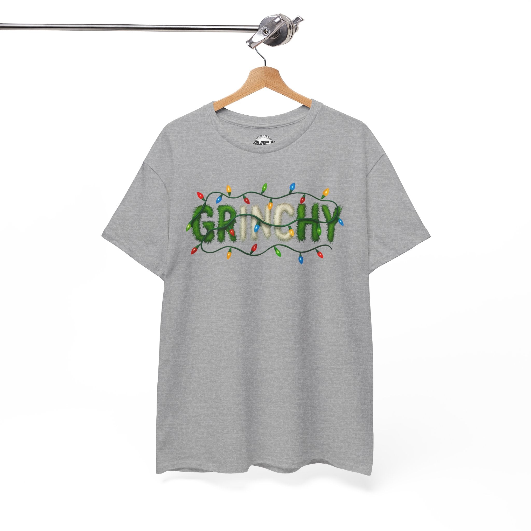Grinchy Christmas Tee — 'Grinchy' Text with Holiday Lights