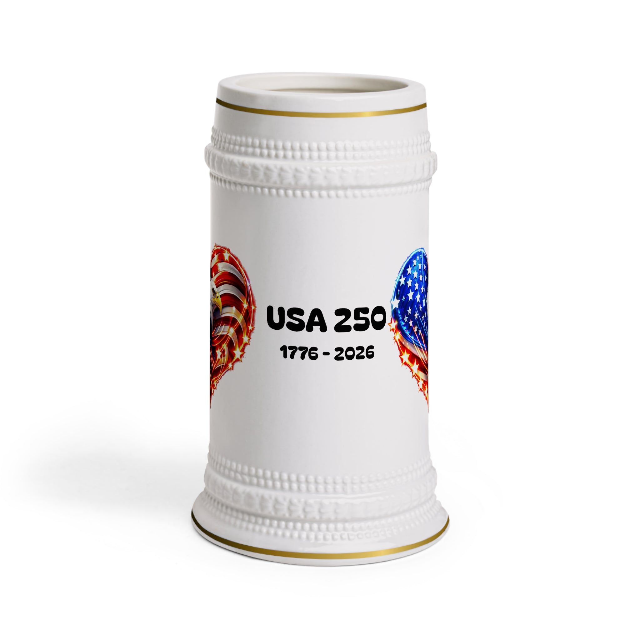 USA 250 Beer Stein Mug – 1776–2026 Patriotic Eagle Heart Ceramic Stein