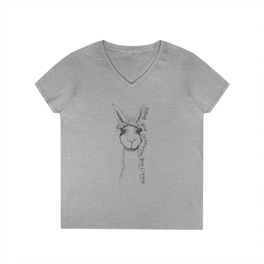 Llama Love V-Neck T-Shirt, Funny Animal Graphic Tee, Casual Outing Top, Gift for Animal Lovers, Unique Birthday Present, Cute Summer Apparel