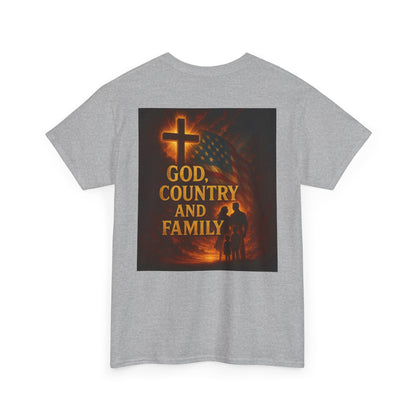 Patriotic Unisex Heavy Cotton Tee - God Country Family, Independence Day Shirt, Veteran Gift, Family Gathering Tee, Fourth of July Clothing