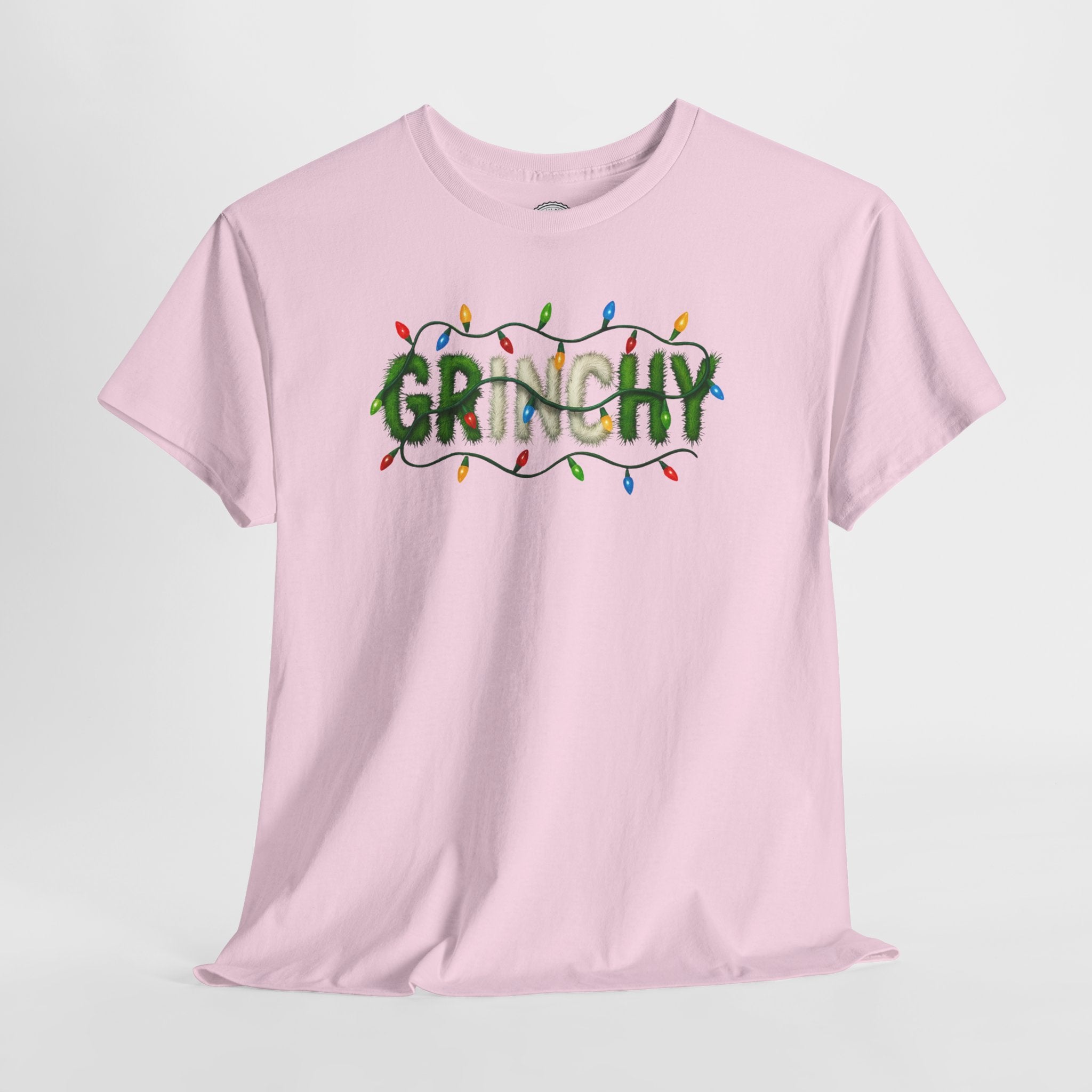 Grinchy Christmas Tee — 'Grinchy' Text with Holiday Lights