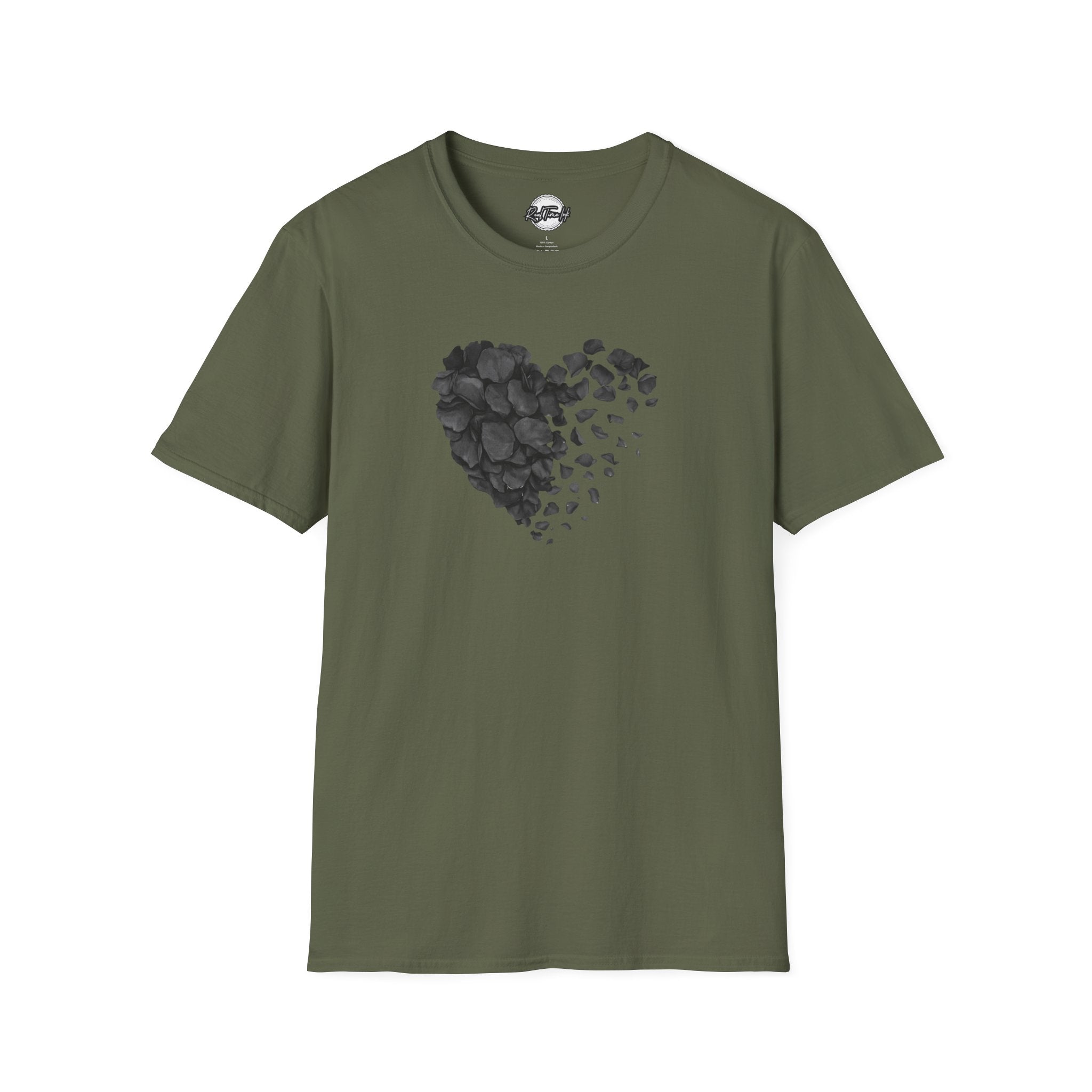 Black Heart Petals Tee — Monochrome Broken Heart Floral T-Shirt