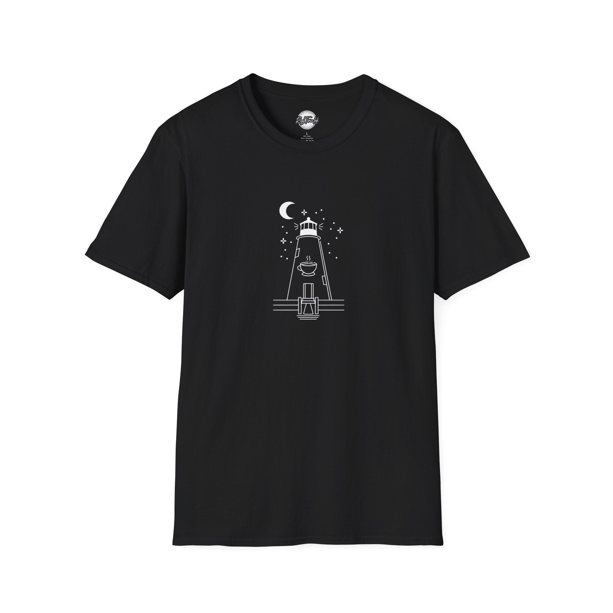 Concord Point Coffee T-Shirt — Minimalist Lighthouse Night Scene Graphic Tee