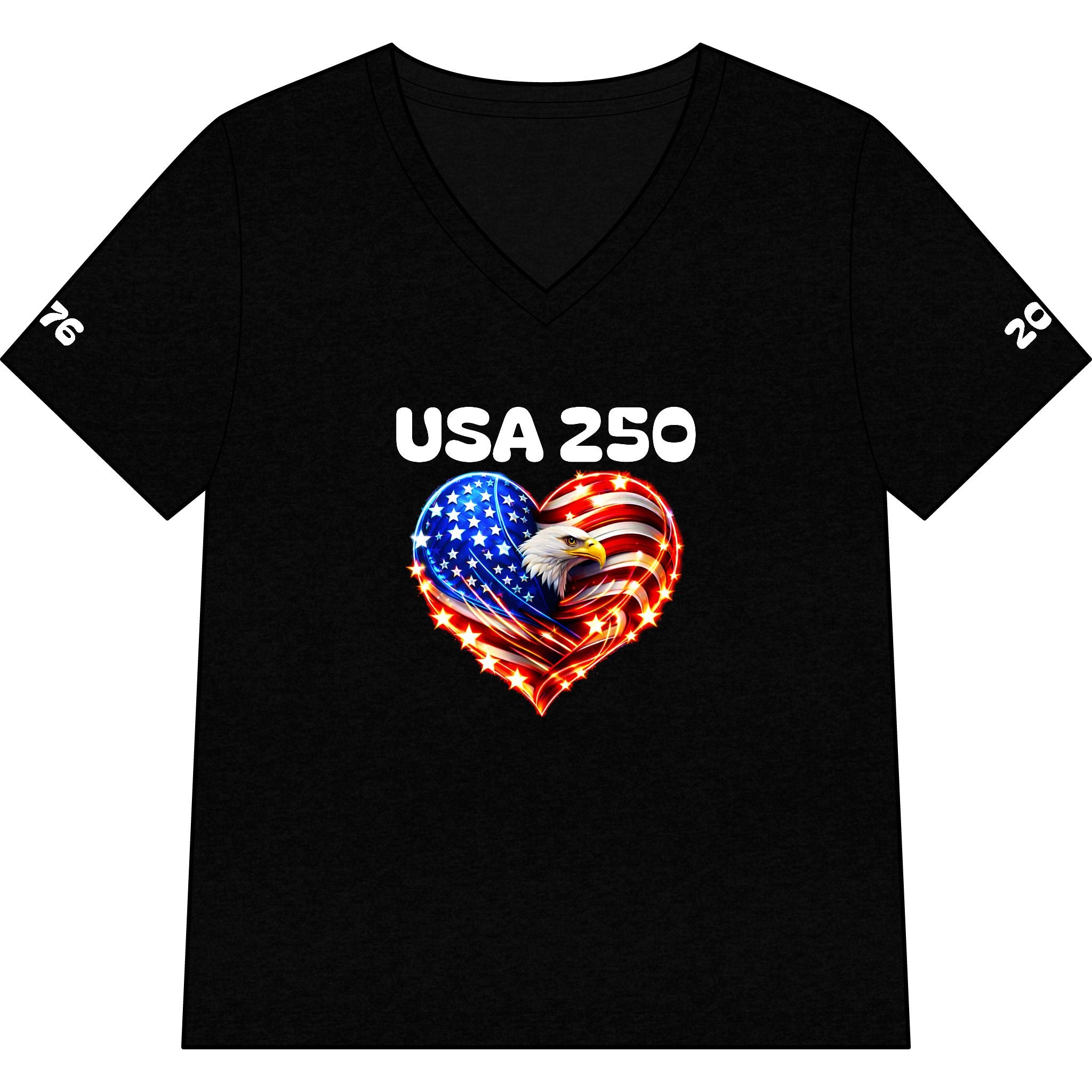 USA 250 Heart Eagle V-Neck Tee — Patriotic Women’s 250th Anniversary Shirt