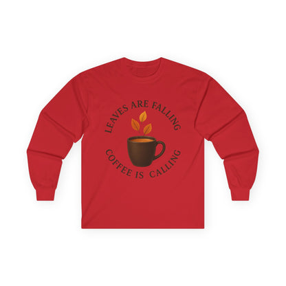 Fall-Themed Long Sleeve Tee, Cozy Autumn Shirt, Coffee Lover's Gift, Perfect for Thanksgiving, Stylish Layering Top