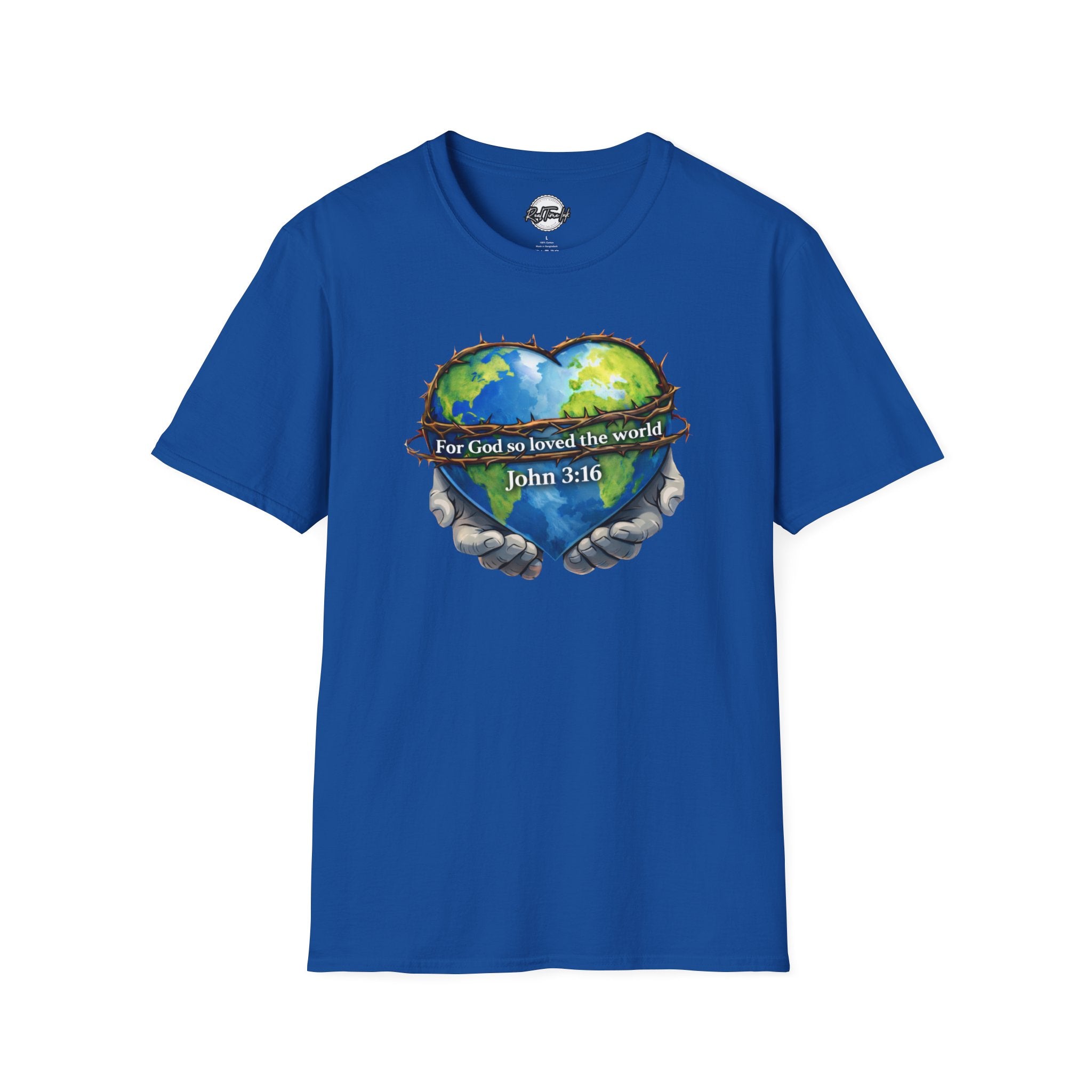 John 3:16 Heart Globe Christian T-Shirt — "For God so loved the world" Faith Tee