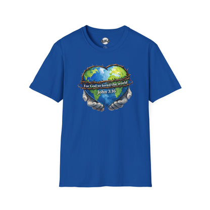 John 3:16 Heart Globe Christian T-Shirt — "For God so loved the world" Faith Tee