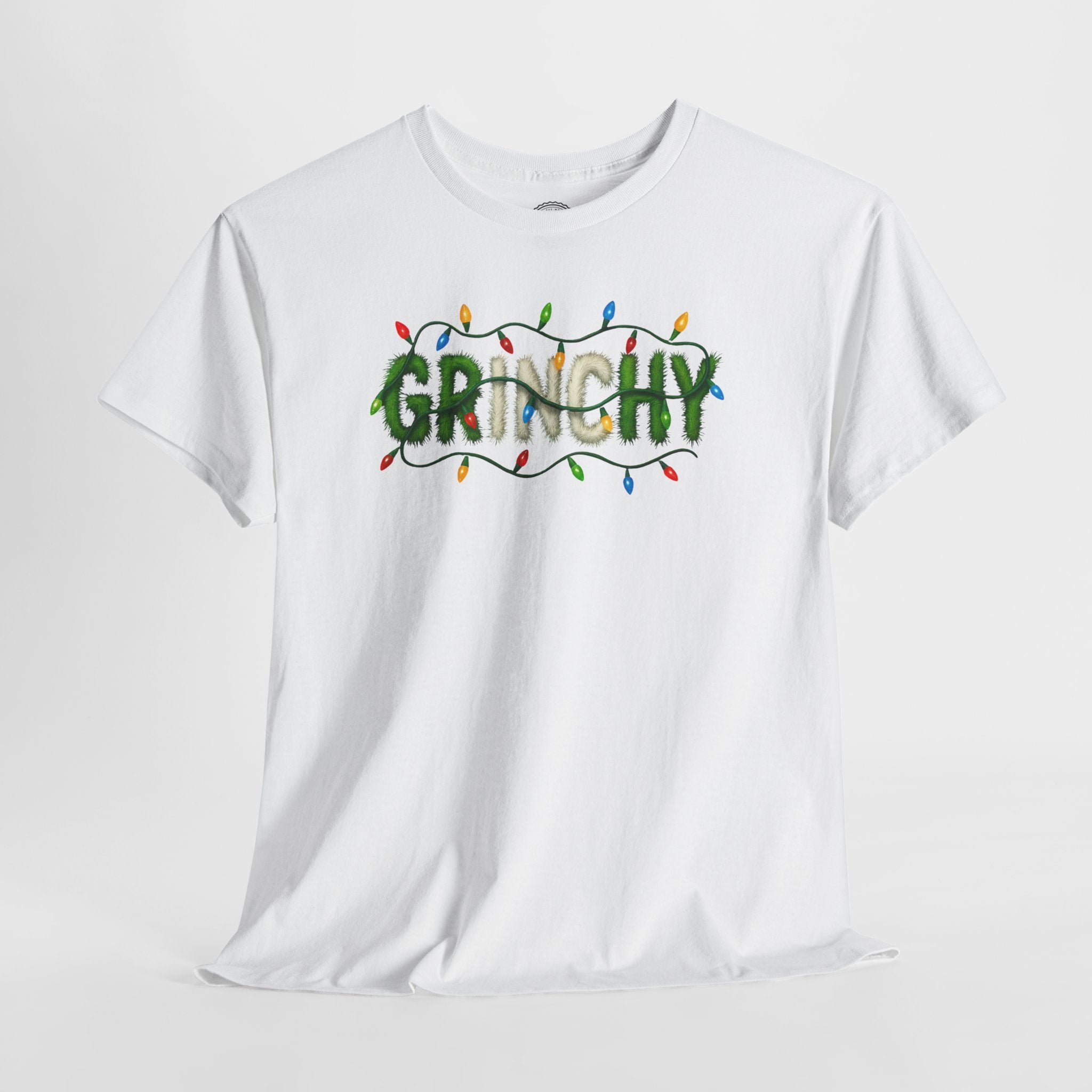 Grinchy Christmas Tee — 'Grinchy' Text with Holiday Lights