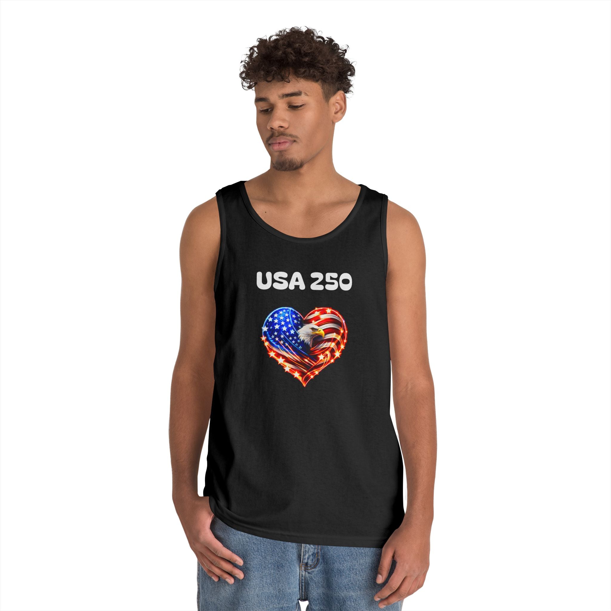 USA 250 Heart Tank Top — Patriotic American Flag Sleeveless Shirt