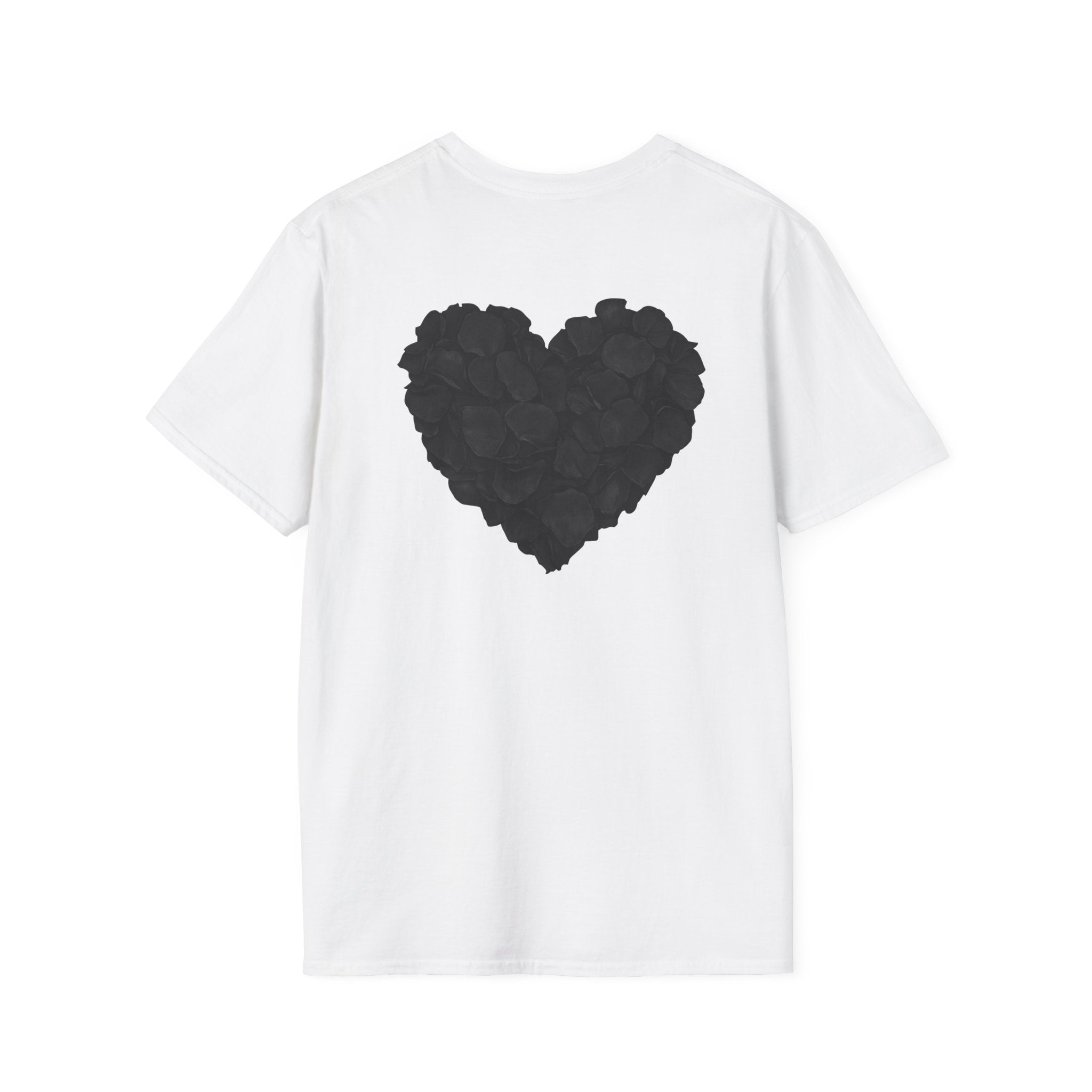 Black Rose Petal Heart T-Shirt — Minimal Floral Heart Tee for Valentine's & Everyday
