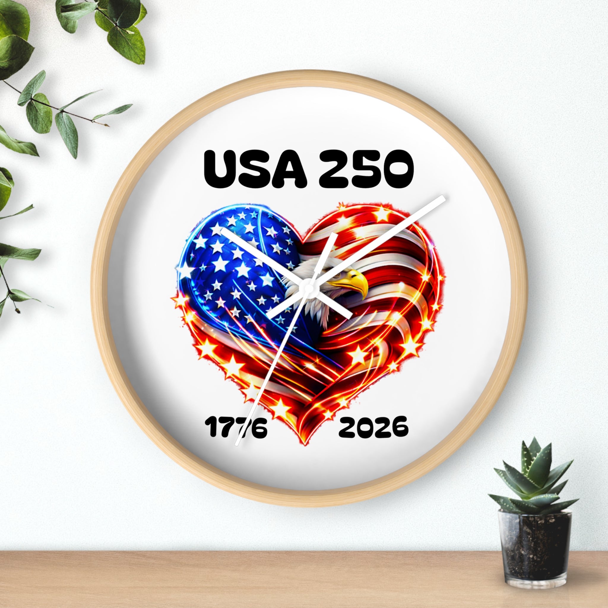 USA 250 Patriotic Wall Clock — 1776–2026 American Flag Heart with Bald Eagle