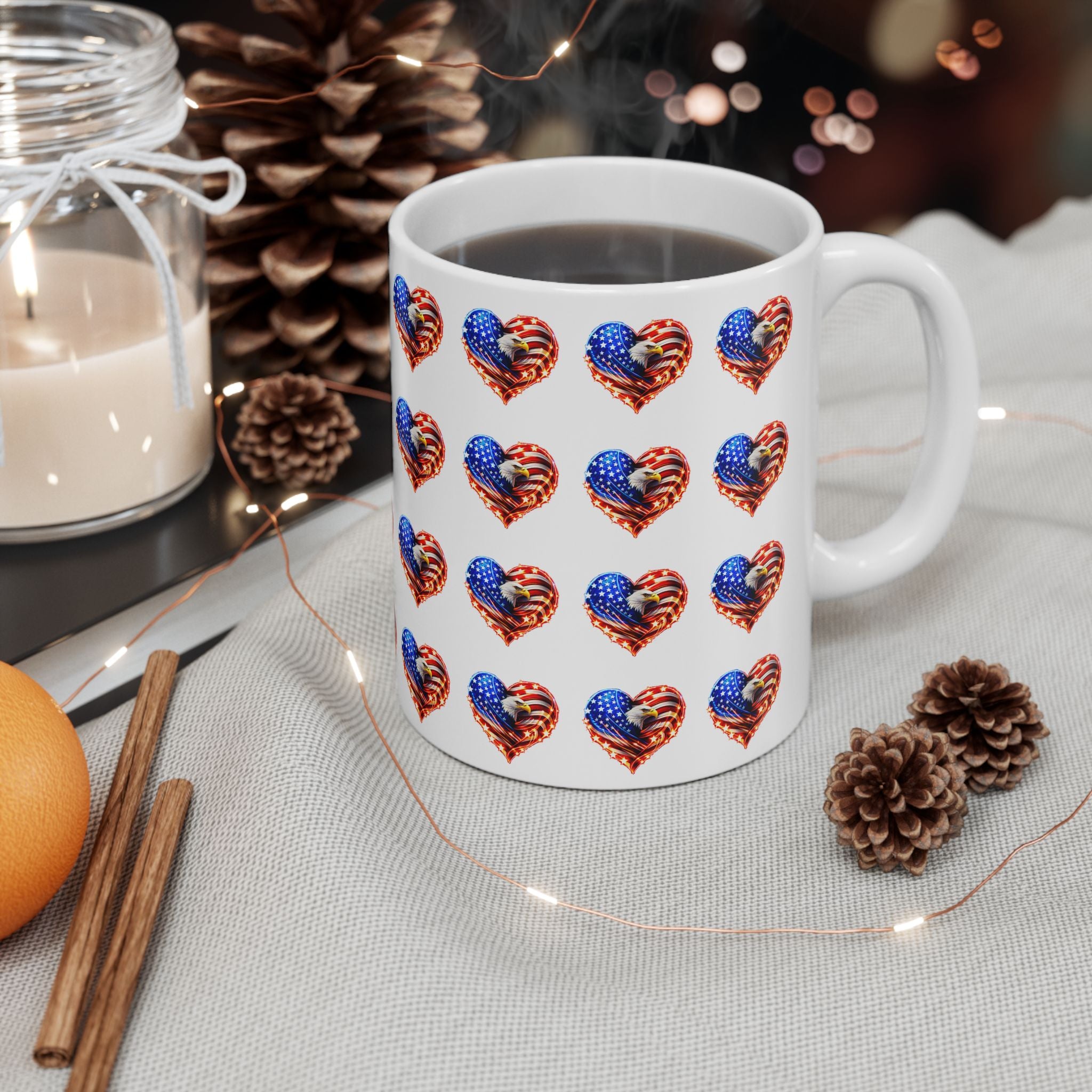 American Flag Heart Ceramic Mug — Patriotic 11oz/15oz Coffee Cup