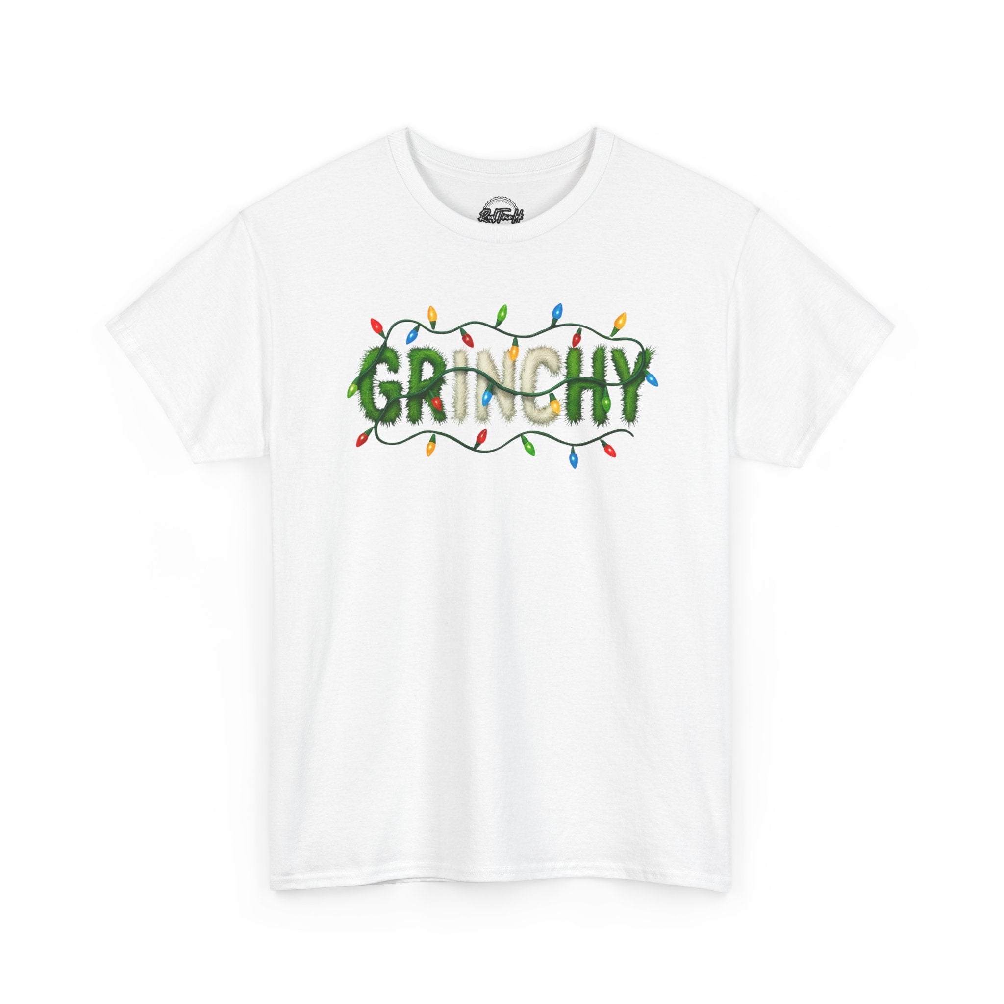 Grinchy Christmas Tee — 'Grinchy' Text with Holiday Lights