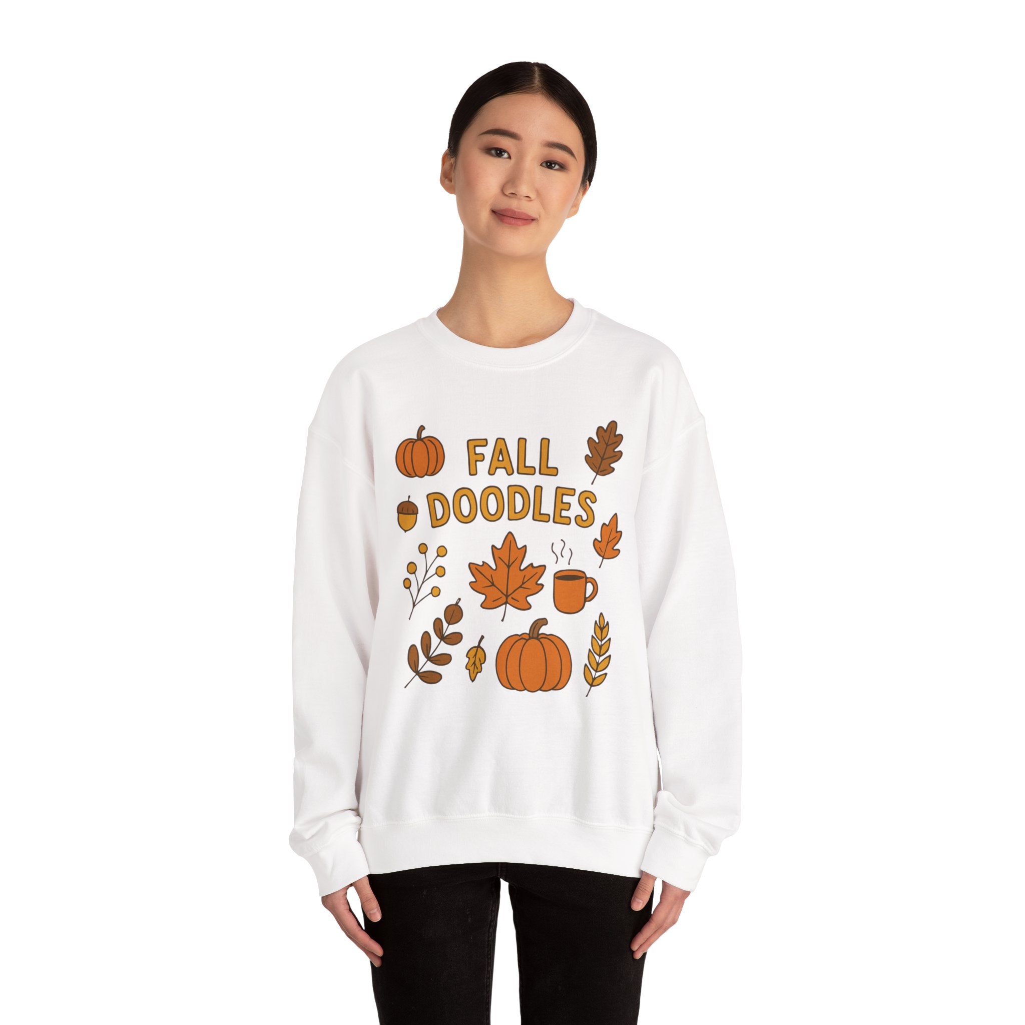 Cozy Fall Doodles Crewneck Sweatshirt, Pumpkin Sweatshirt, Autumn Apparel, Thanksgiving Gift, Warm Sweater for Relaxing