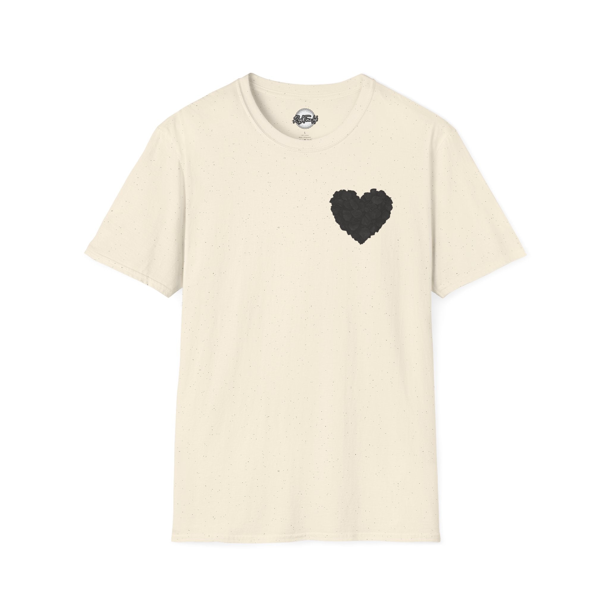 Black Rose Petal Heart T-Shirt — Minimal Floral Heart Tee for Valentine's & Everyday