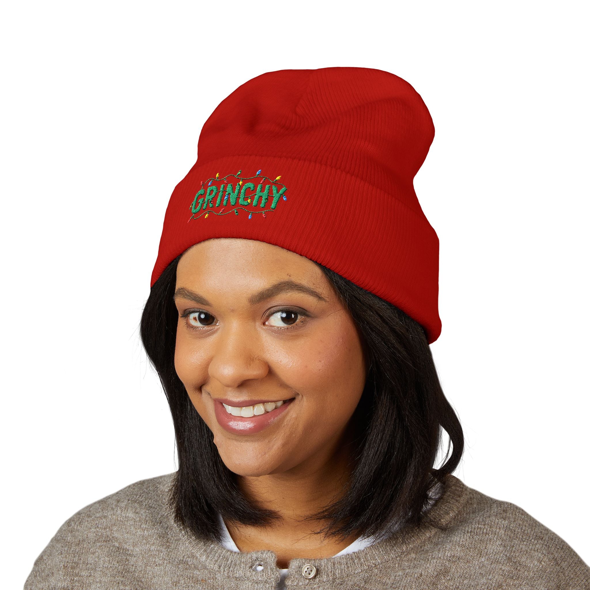 Grinchy Embroidered Cuffed Beanie — Holiday Christmas Knit Hat